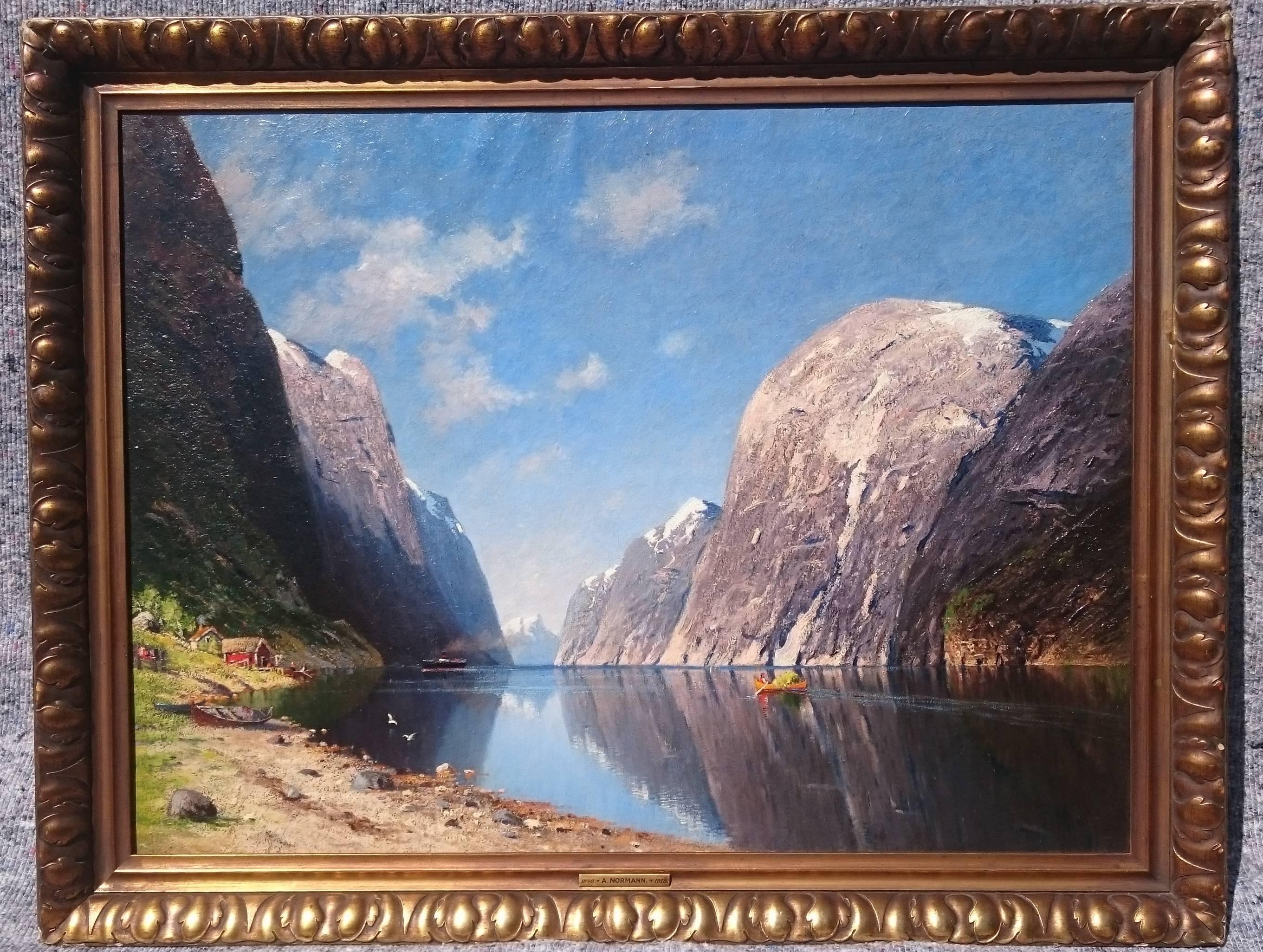 Beautiful Norwegian Fjord Scene, Oil on Canvas, Attributed to Adelsteen Normann In Excellent Condition For Sale In Gloucestershire, GB