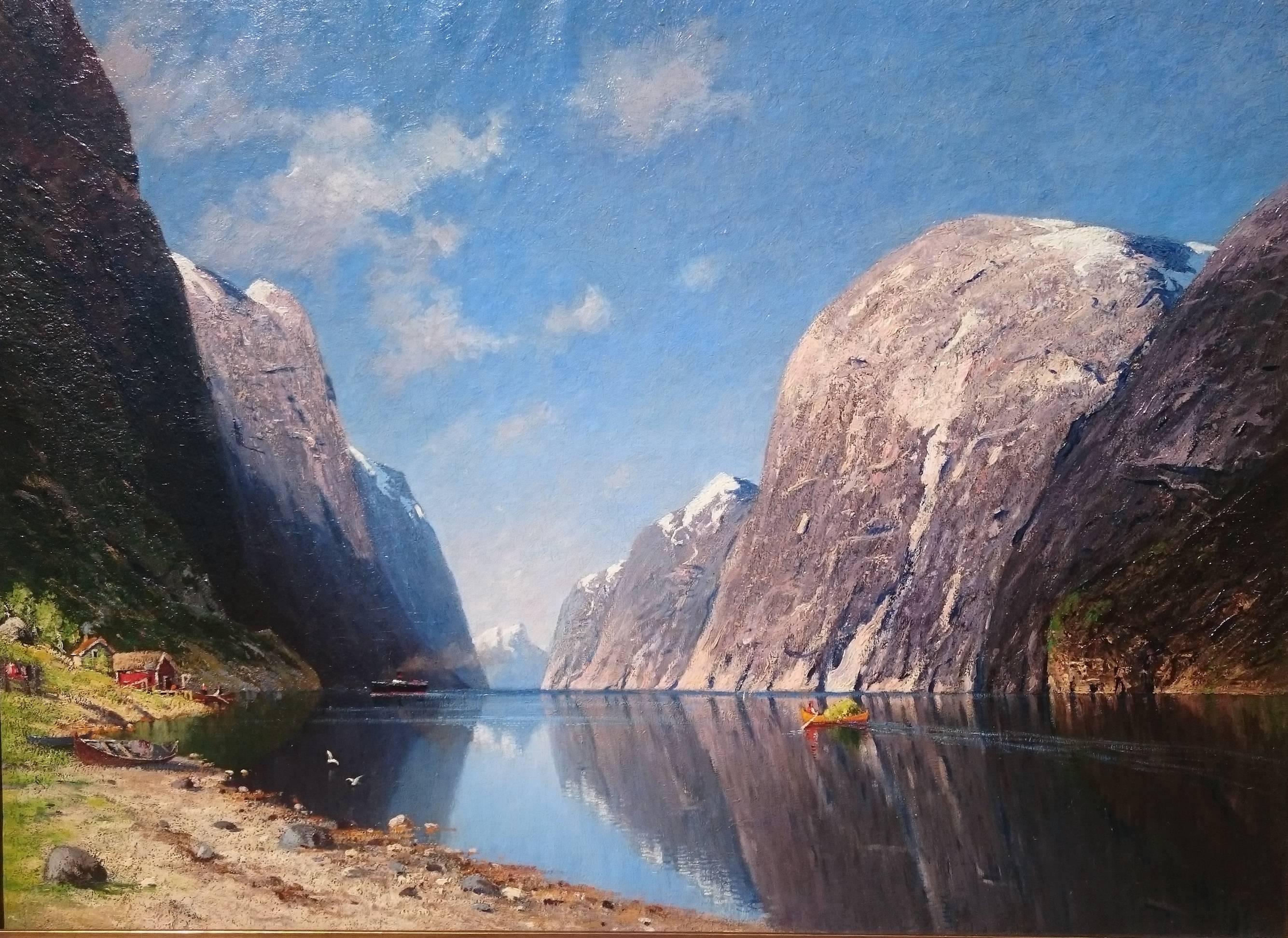 19th Century Beautiful Norwegian Fjord Scene, Oil on Canvas, Attributed to Adelsteen Normann For Sale