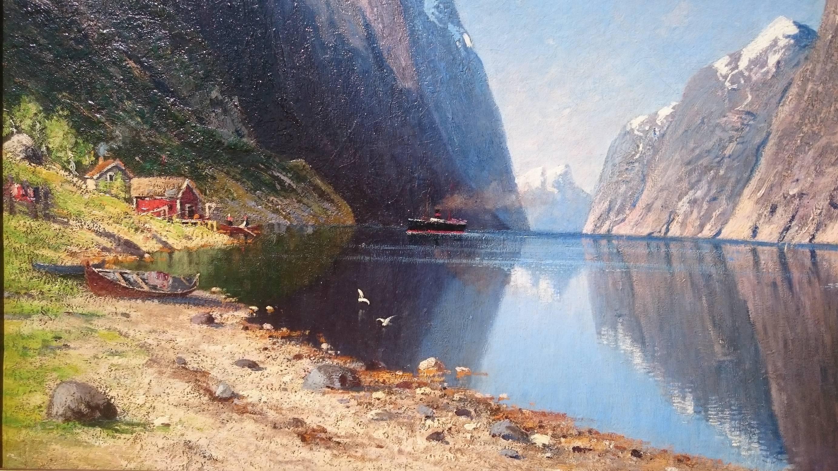 Paint Beautiful Norwegian Fjord Scene, Oil on Canvas, Attributed to Adelsteen Normann For Sale