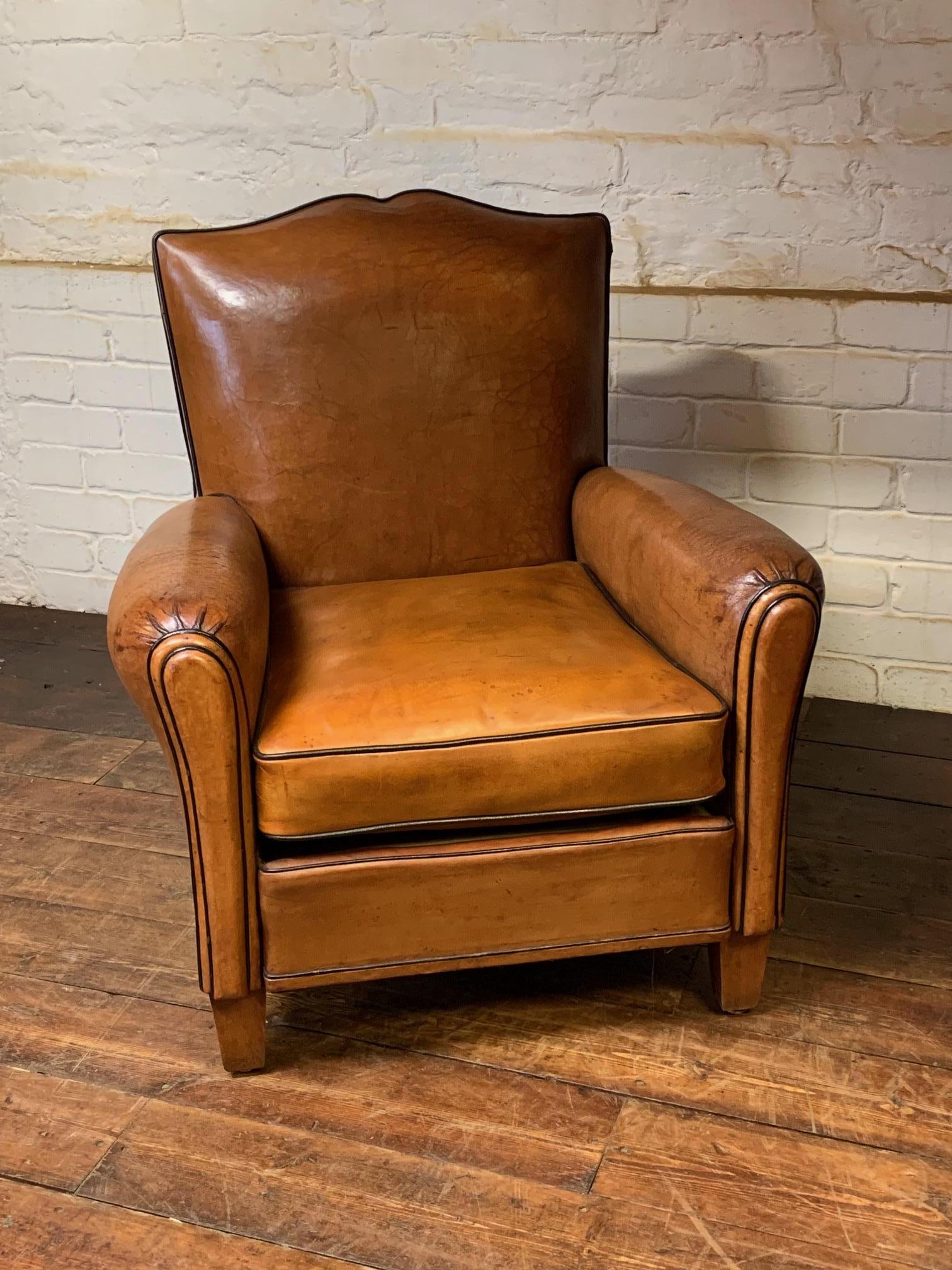 Mid-Century Modern A Beautiful & Original French Leather Club Chair Caramel Moustache Model c1950