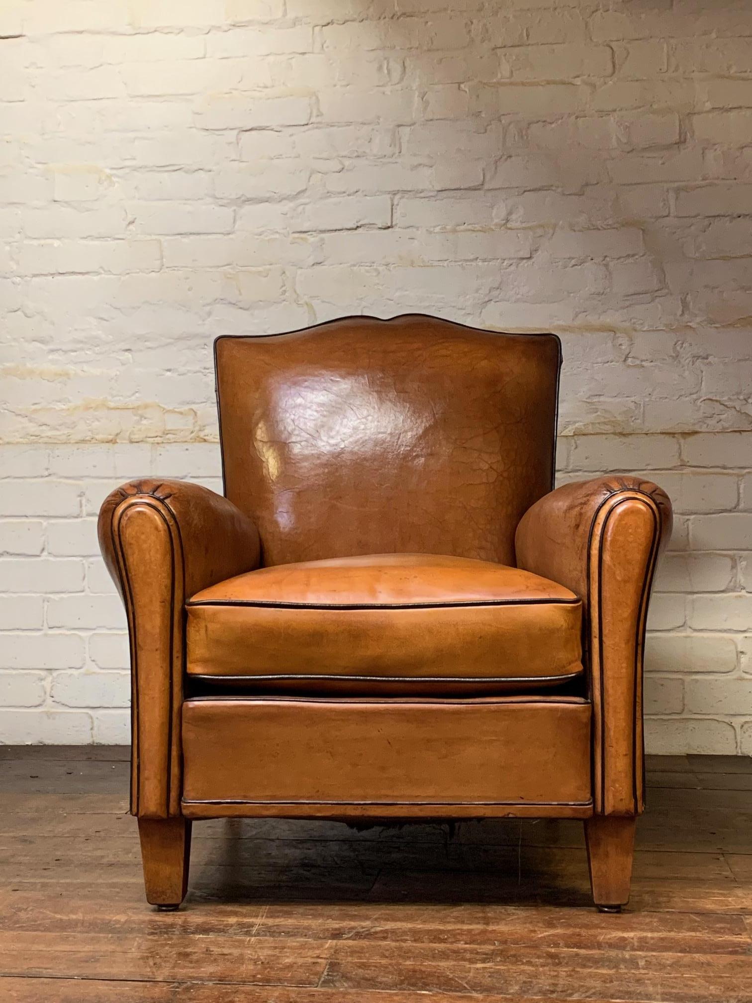 A Beautiful & Original French Leather Club Chair Caramel Moustache Model c1950 In Good Condition In Hastings, GB