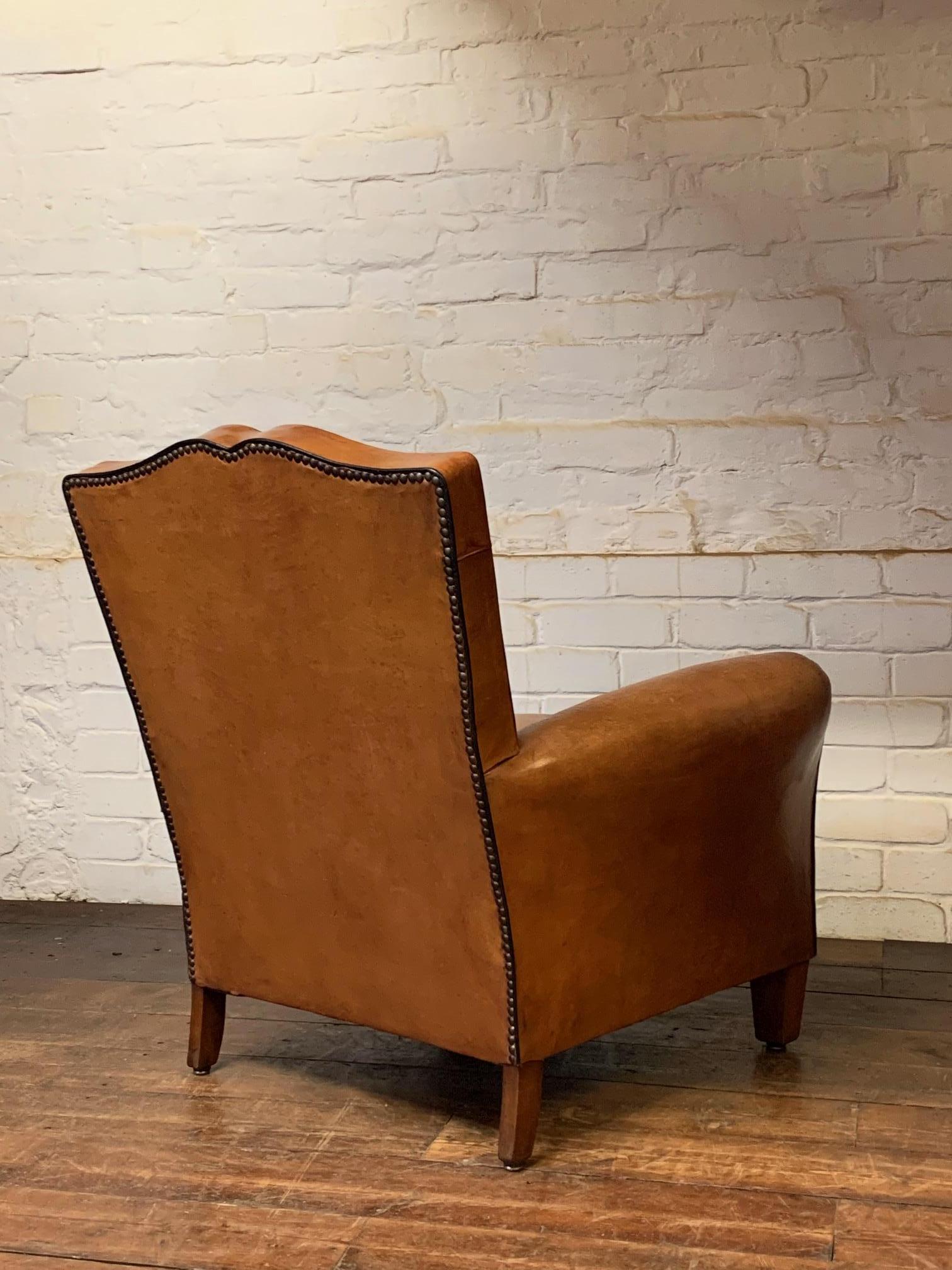20th Century A Beautiful & Original French Leather Club Chair Caramel Moustache Model c1950