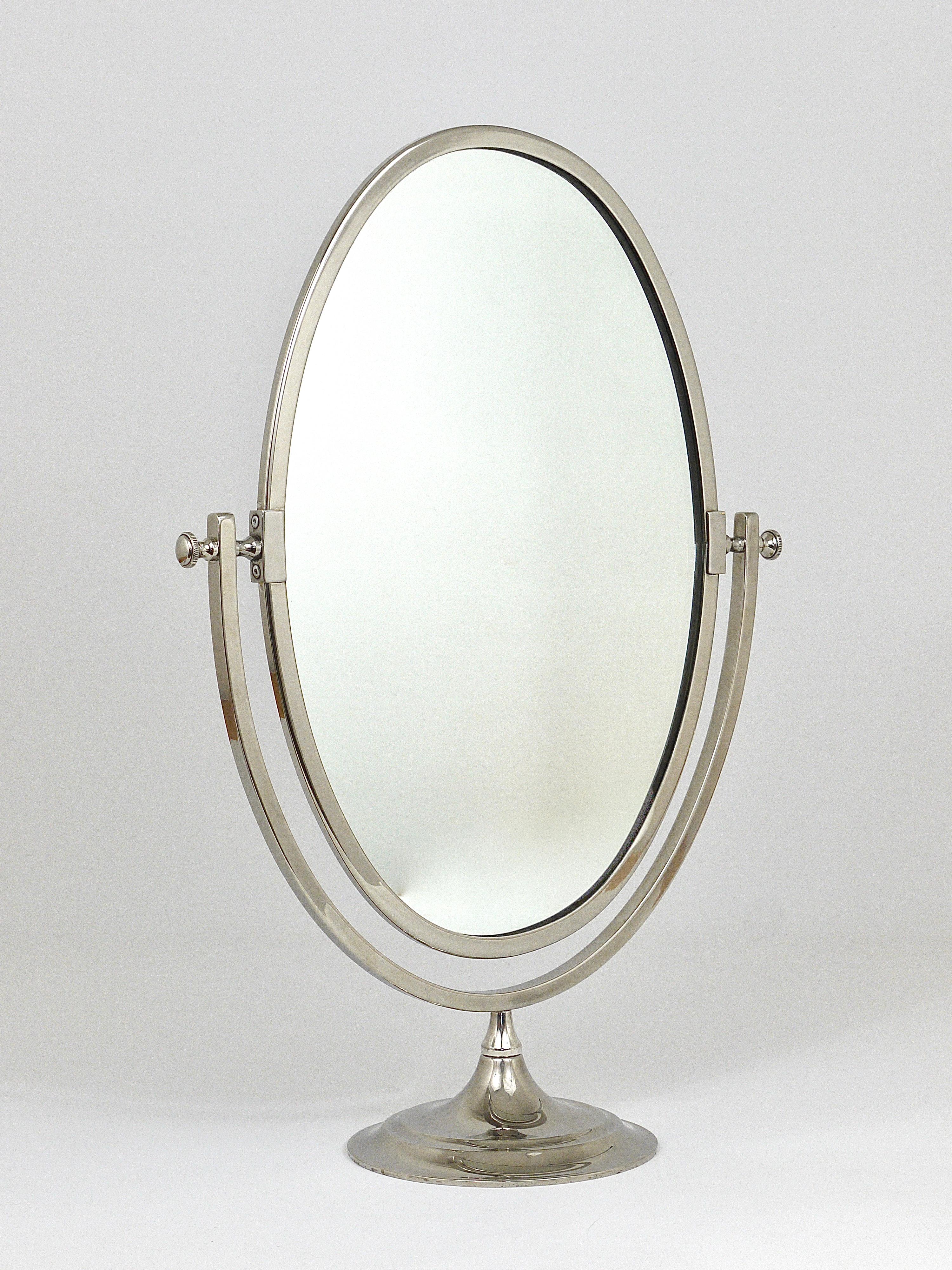 Beautiful Oval Silver Plated Brass tiltable Vanity Table Mirror, England, 1950s 6