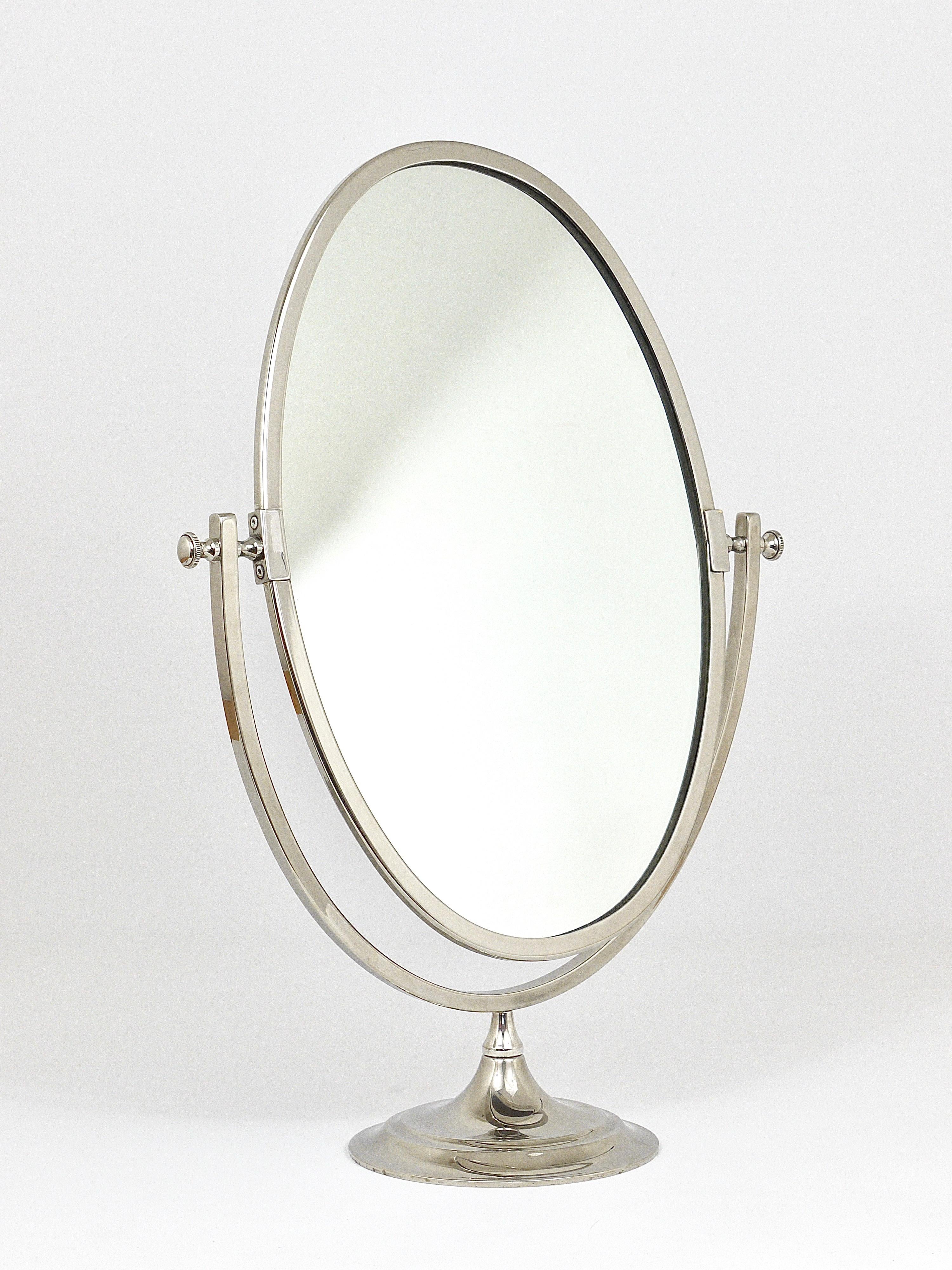 Beautiful Oval Silver Plated Brass tiltable Vanity Table Mirror, England, 1950s 7