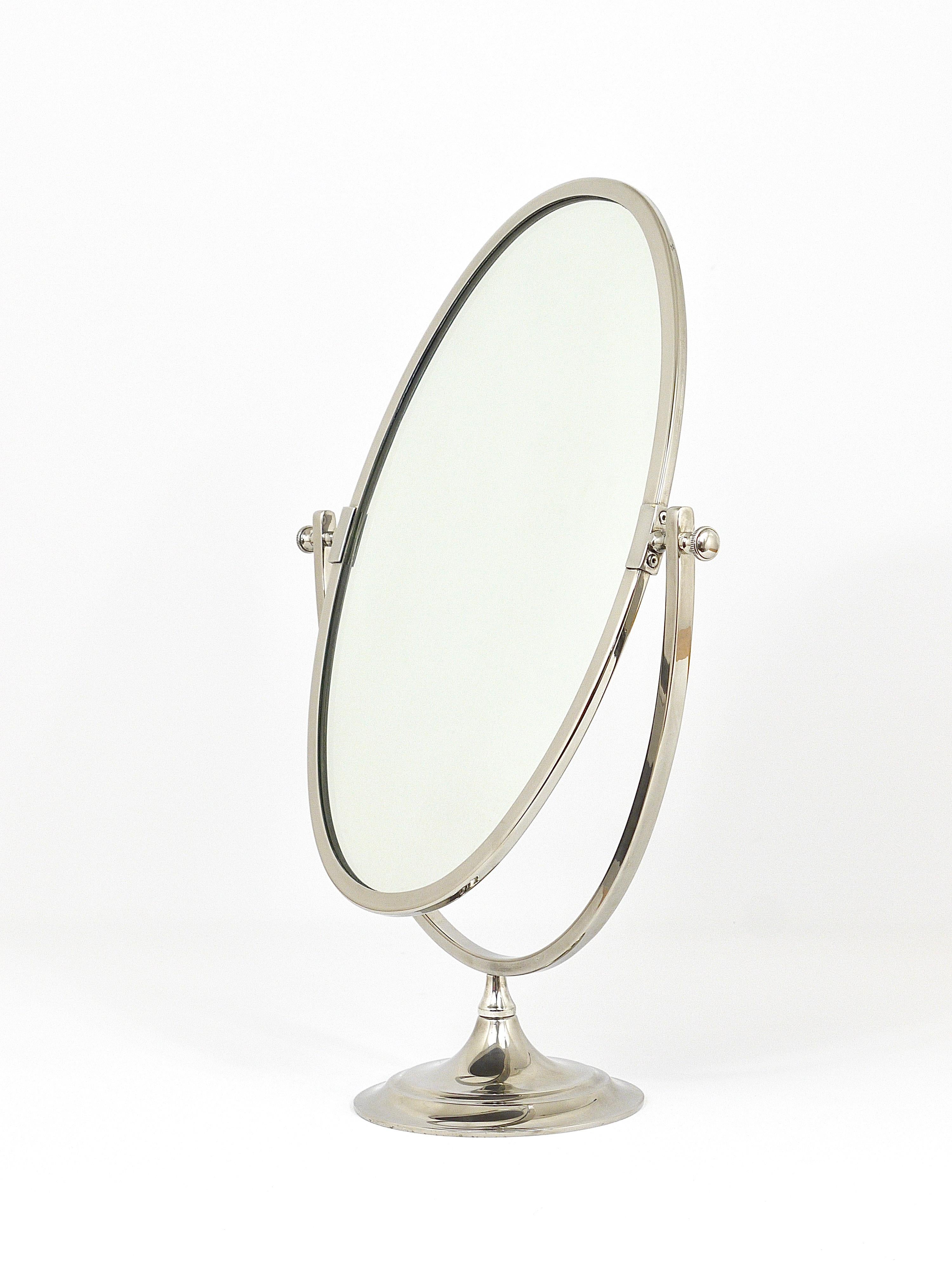 Beautiful Oval Silver Plated Brass tiltable Vanity Table Mirror, England, 1950s 11