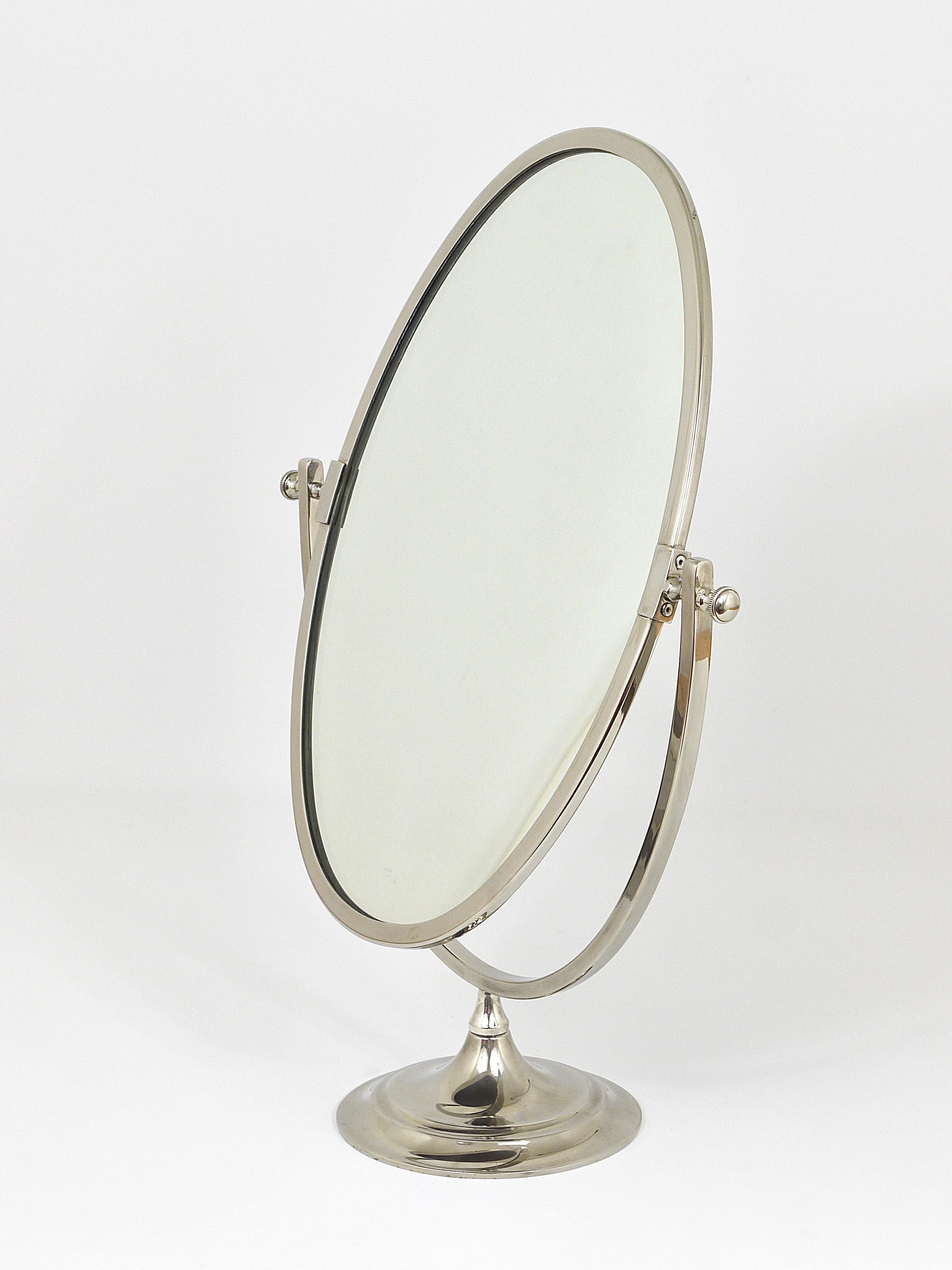 Beautiful Oval Silver Plated Brass tiltable Vanity Table Mirror, England, 1950s 12