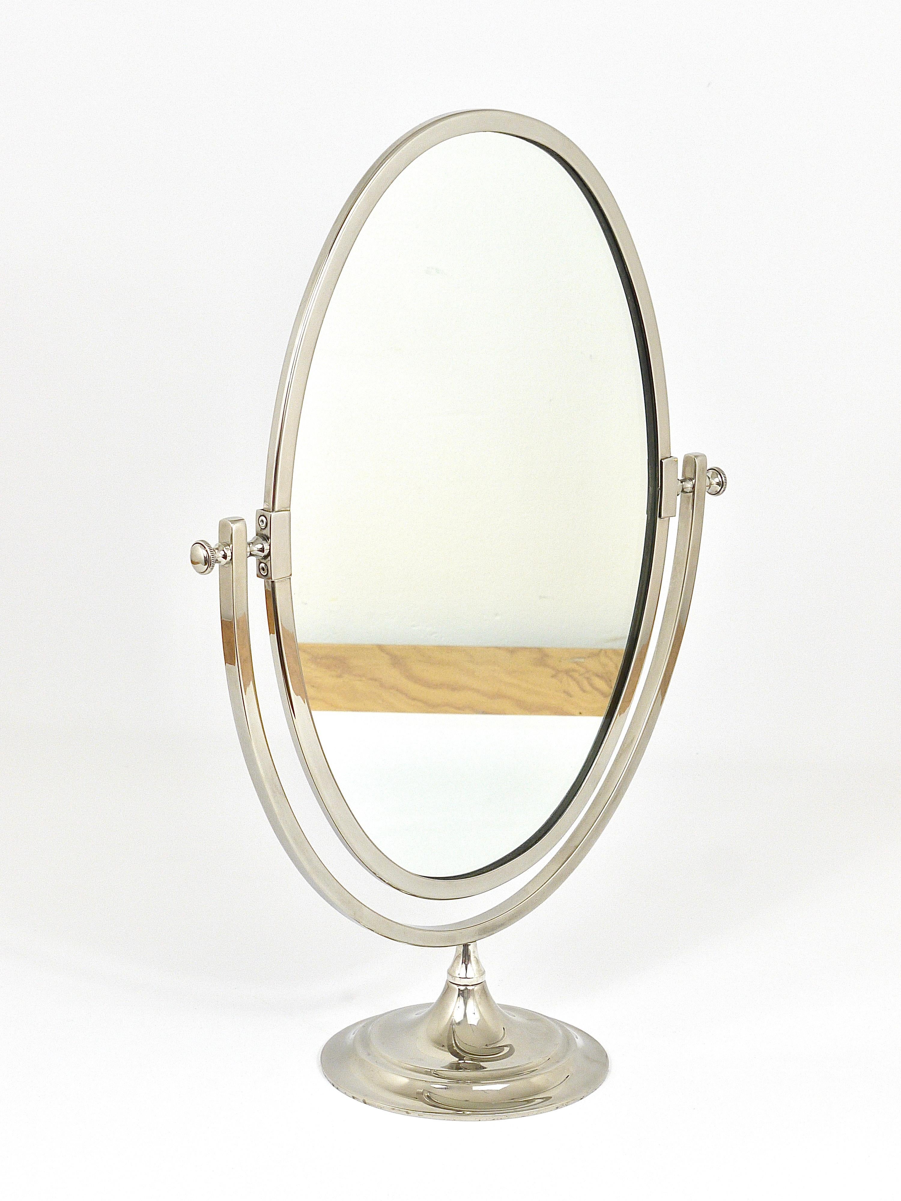 Beautiful Oval Silver Plated Brass tiltable Vanity Table Mirror, England, 1950s 13