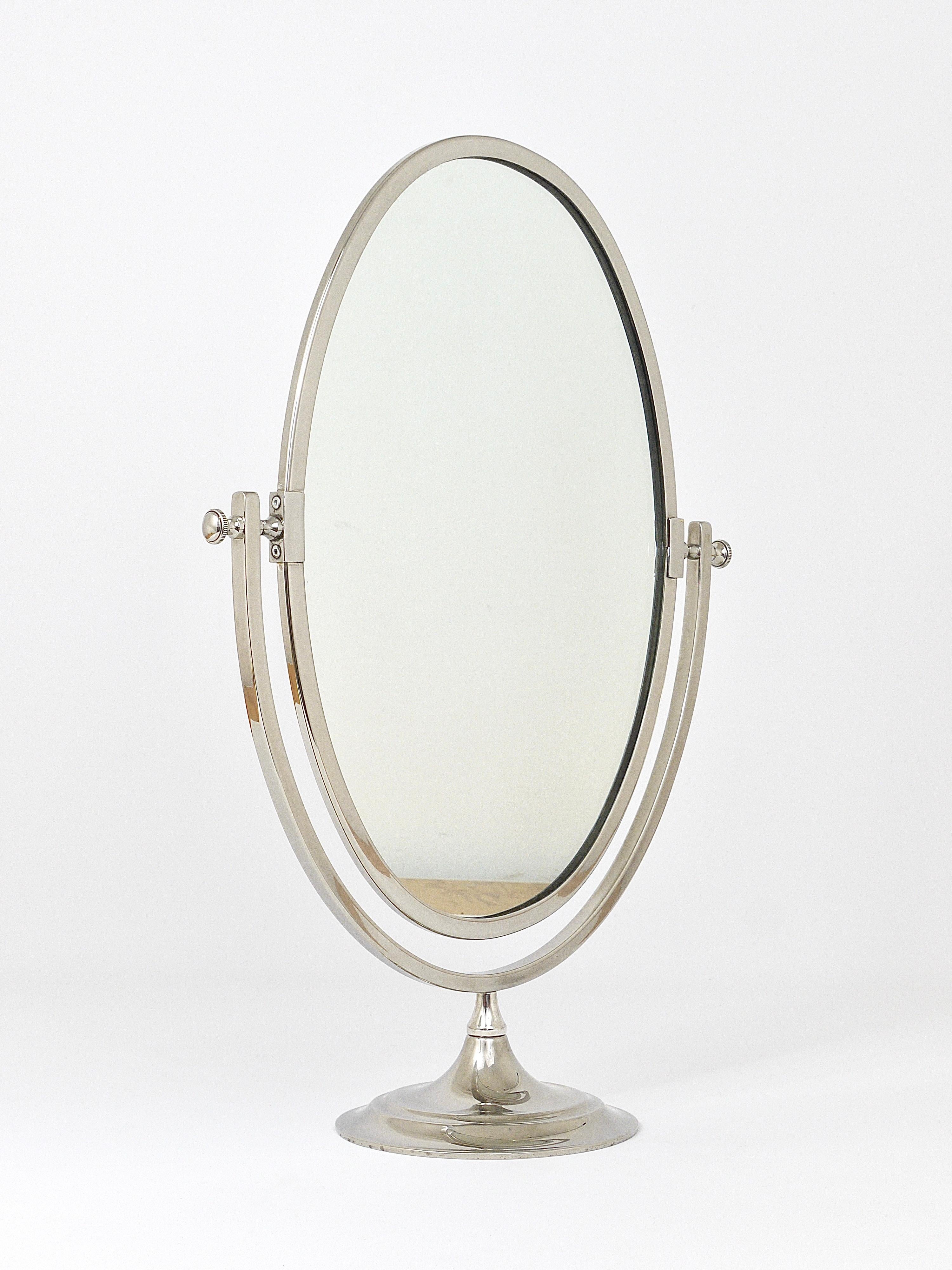 Mid-Century Modern Beautiful Oval Silver Plated Brass tiltable Vanity Table Mirror, England, 1950s