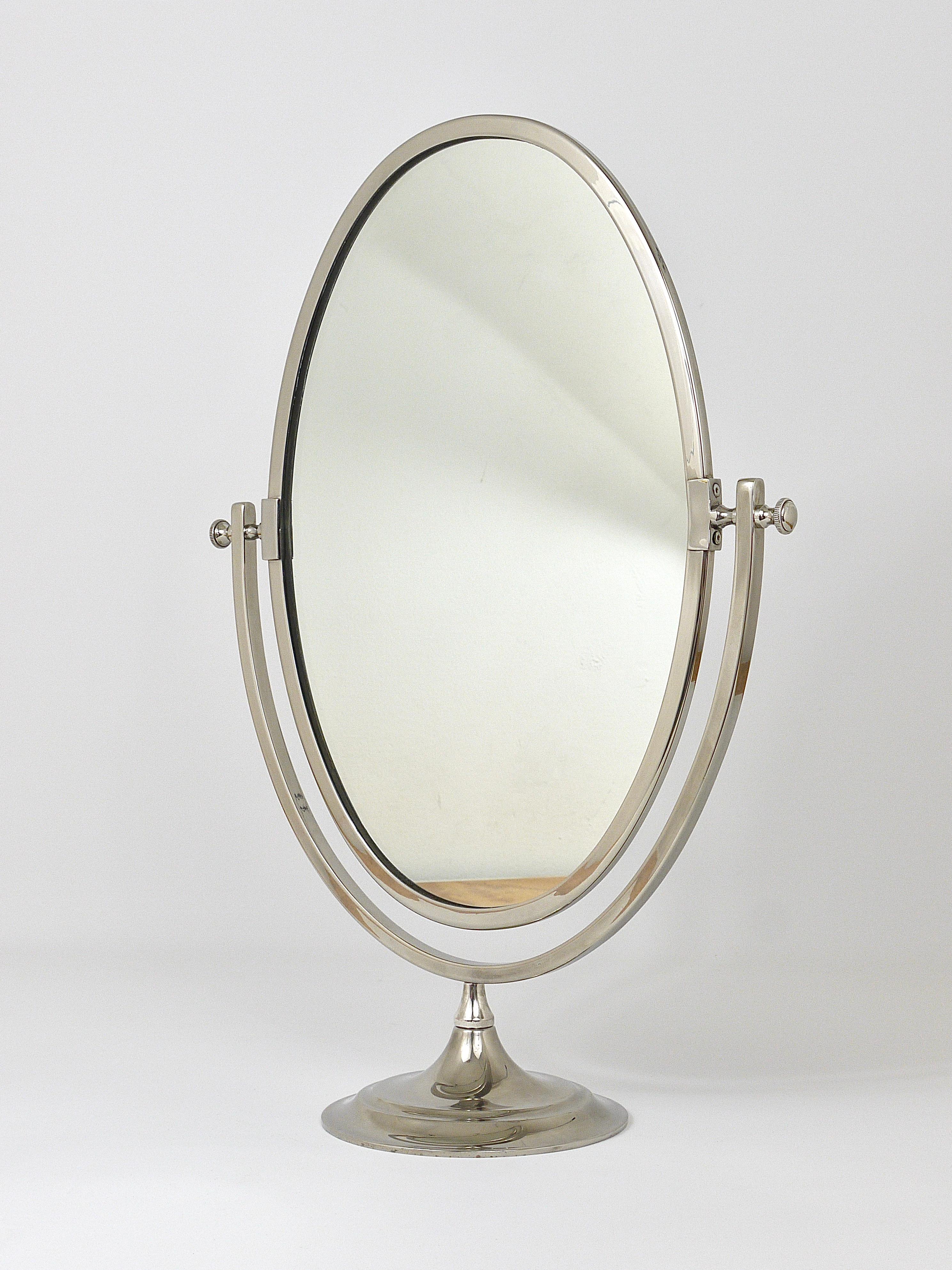 English Beautiful Oval Silver Plated Brass tiltable Vanity Table Mirror, England, 1950s