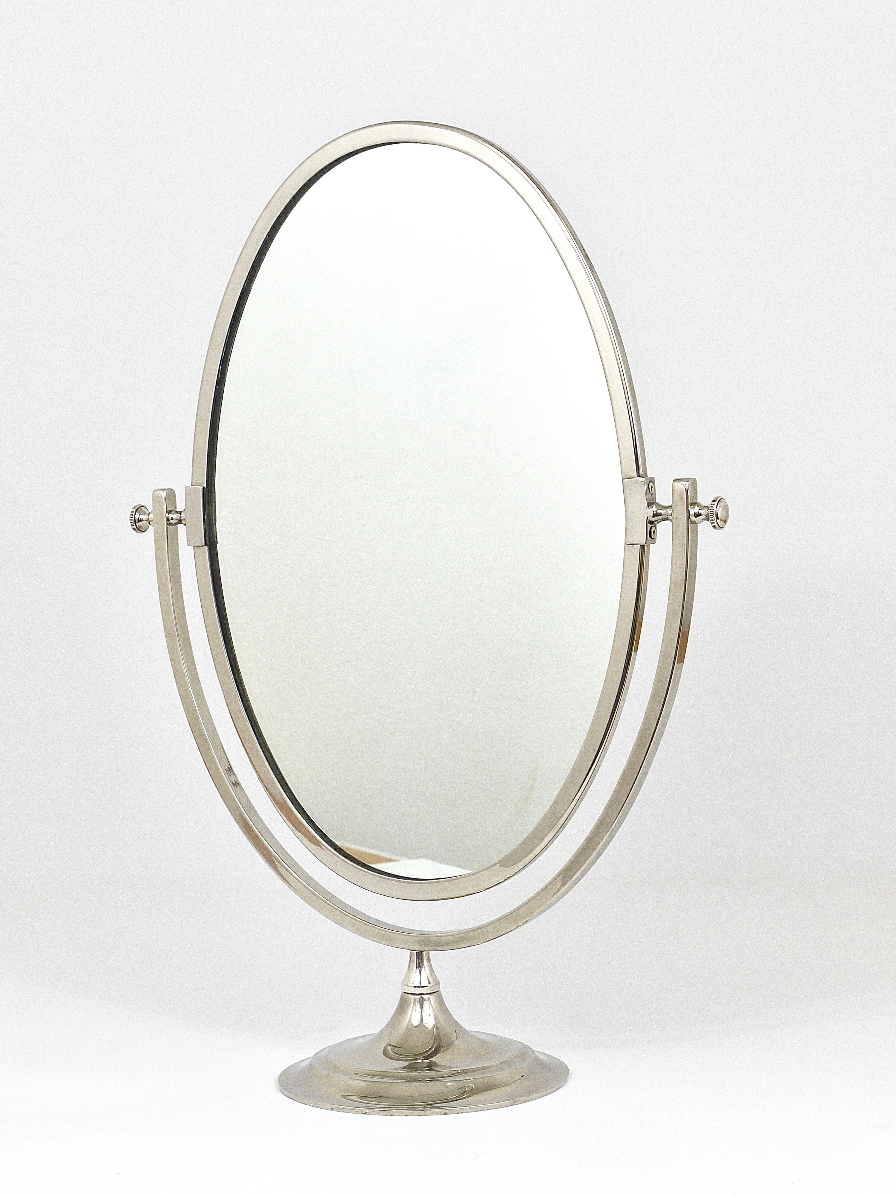 20th Century Beautiful Oval Silver Plated Brass tiltable Vanity Table Mirror, England, 1950s