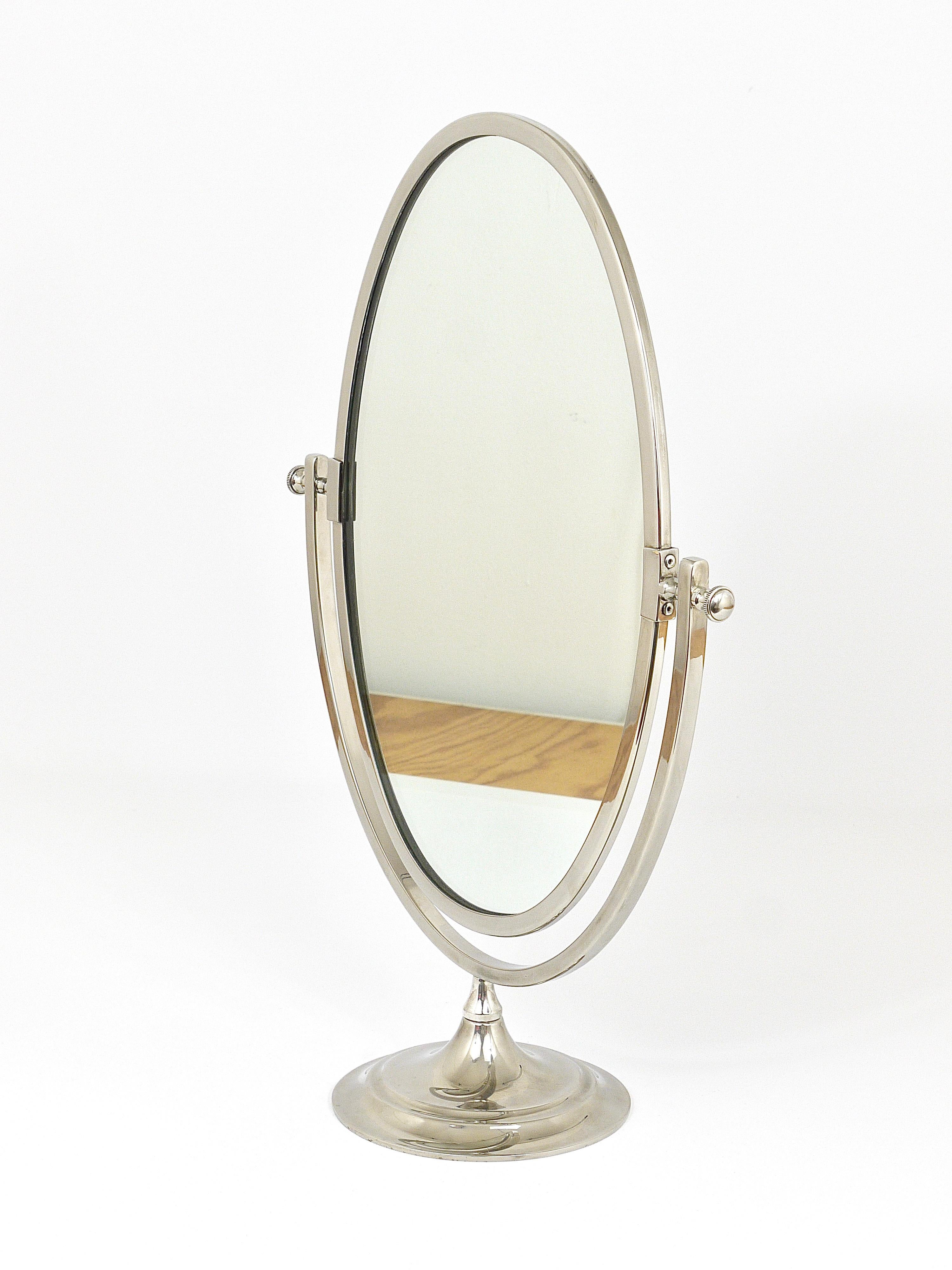 Beautiful Oval Silver Plated Brass tiltable Vanity Table Mirror, England, 1950s 3