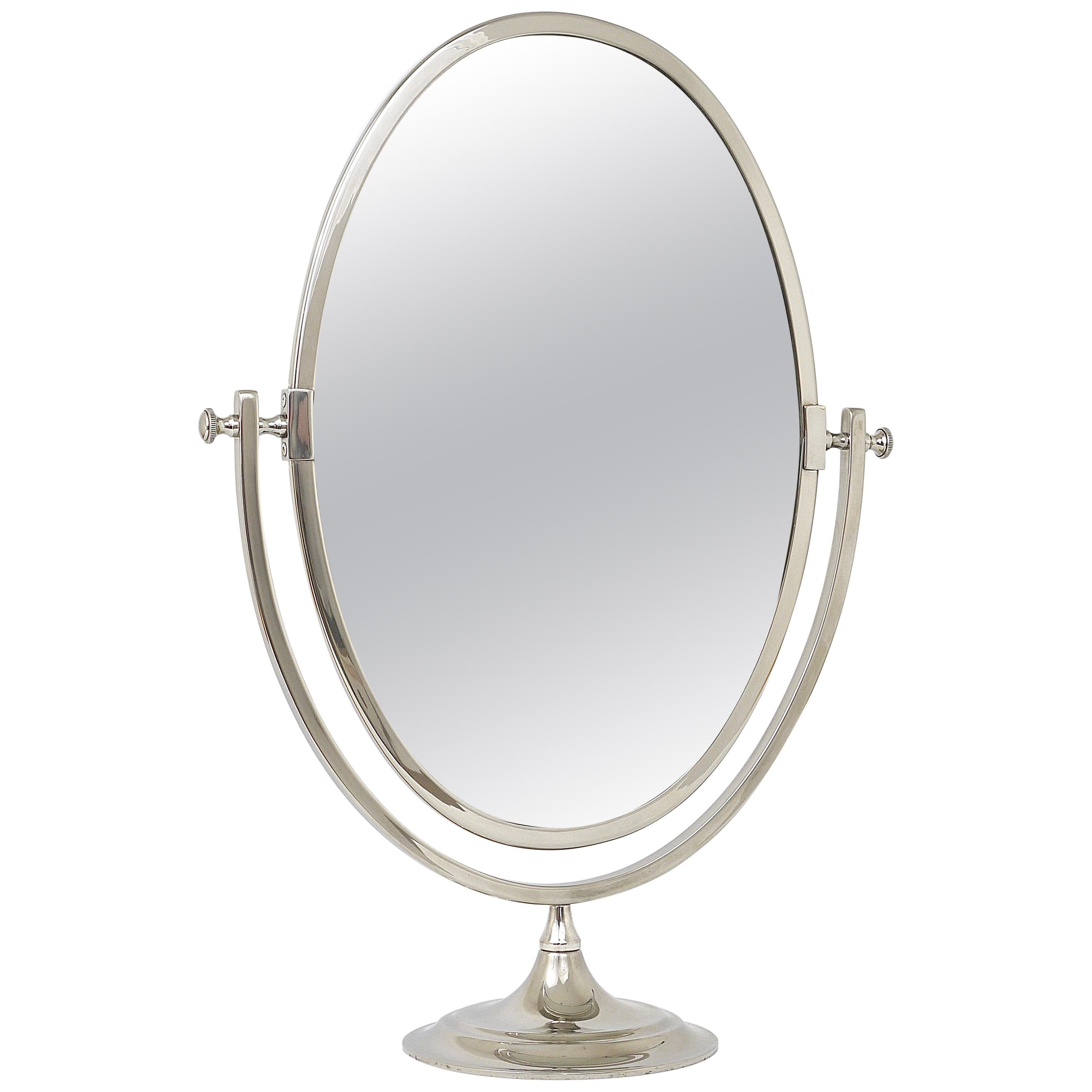 Beautiful Oval Silver Plated Brass tiltable Vanity Table Mirror, England, 1950s