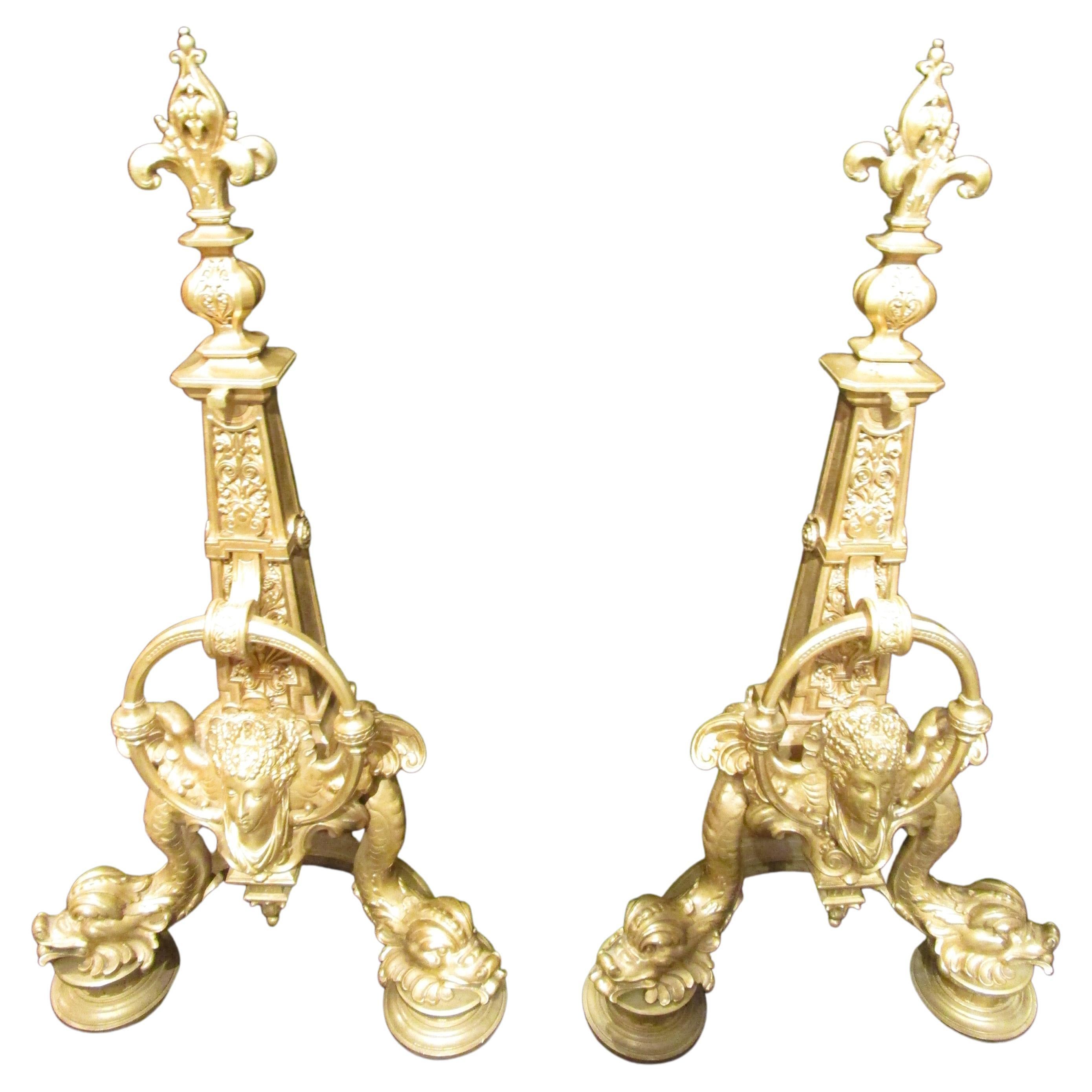 Beautiful Pair of 19th C French Empire Chenets For Sale