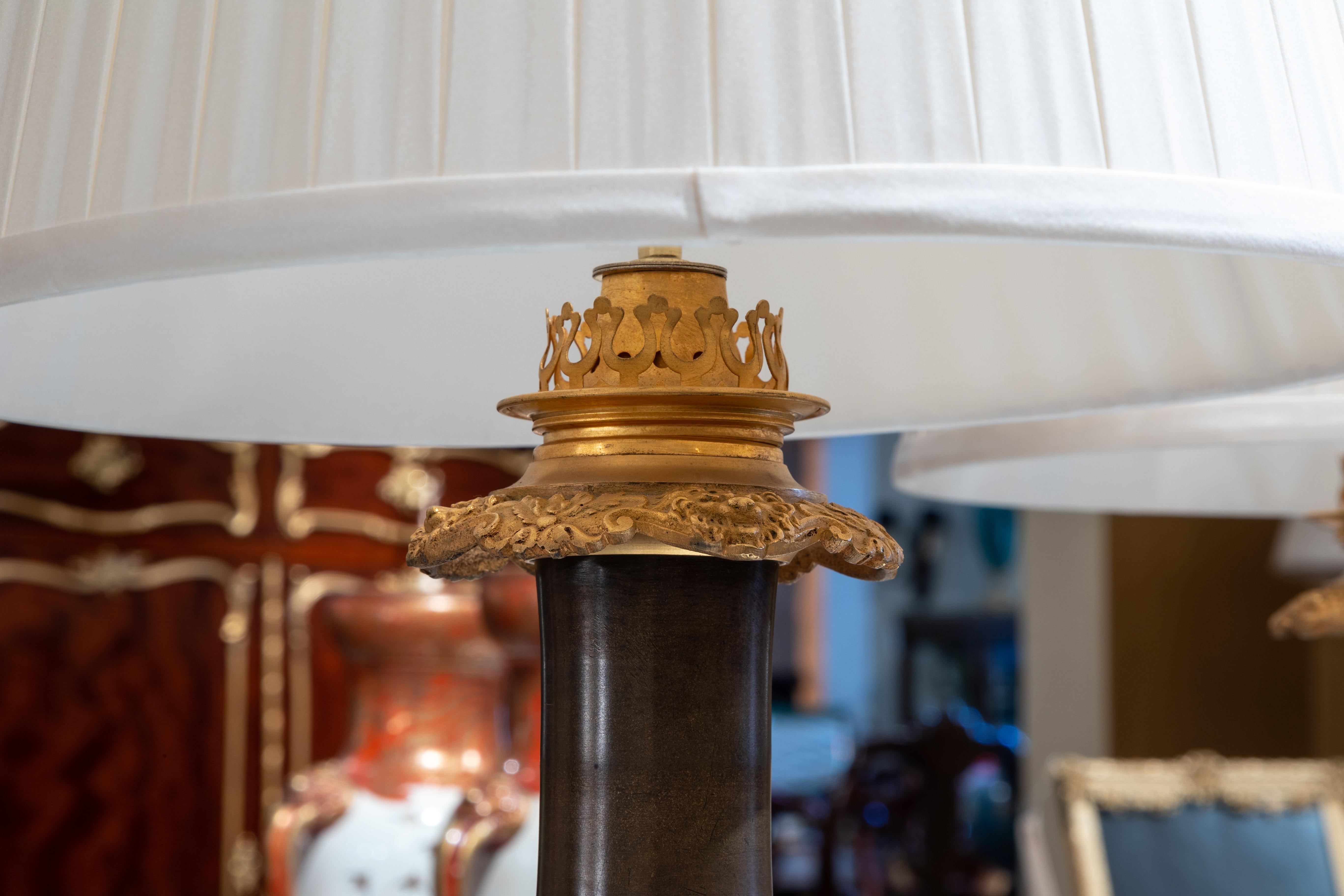 French Beautiful Pair of 19th C Regence Style Bronze and Gilt Bronze Mounted Lamps For Sale