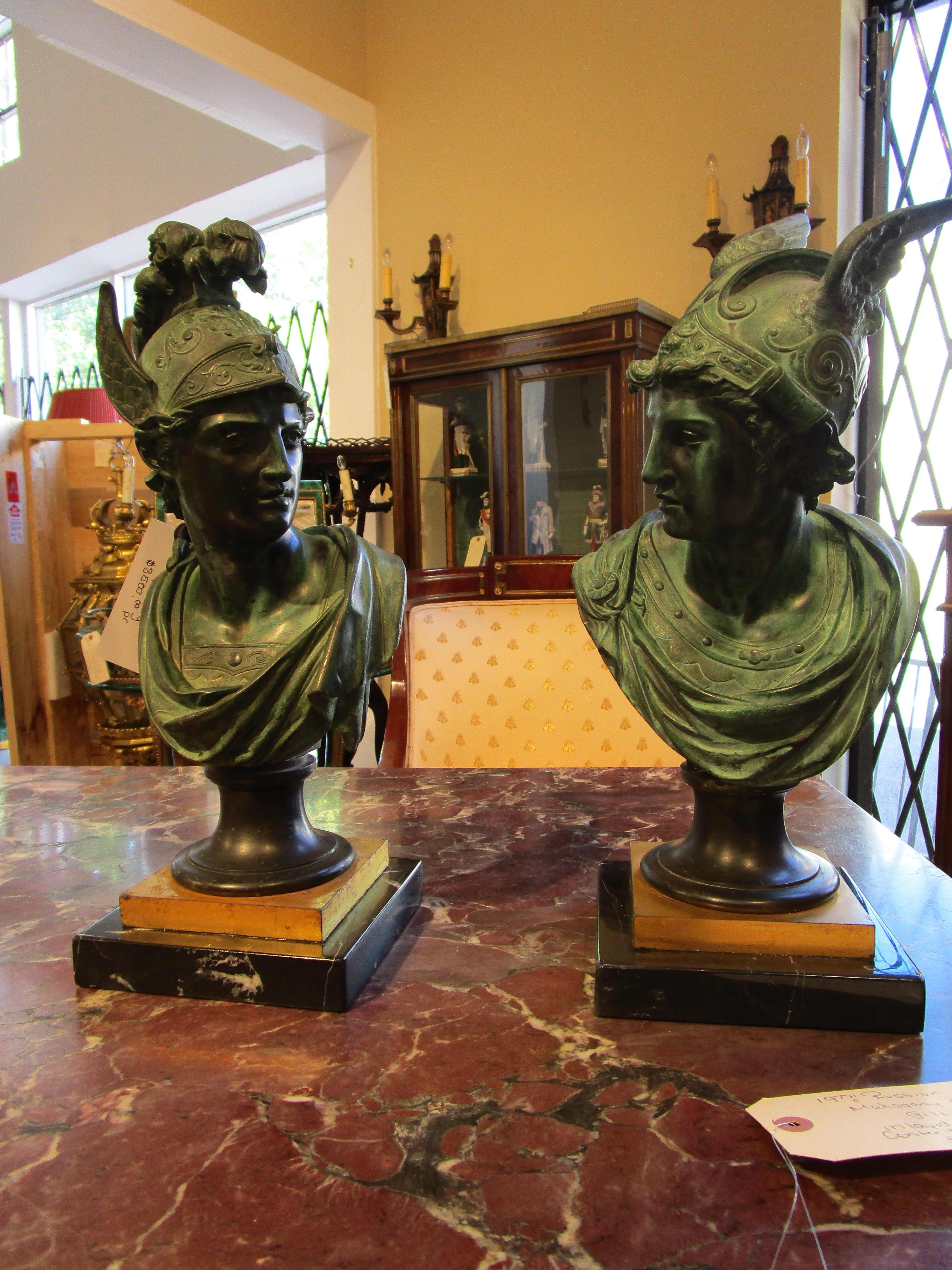 Classical Roman Beautiful Pair of 19th Century Bronze Busts of Apollo and Mercury on Bases