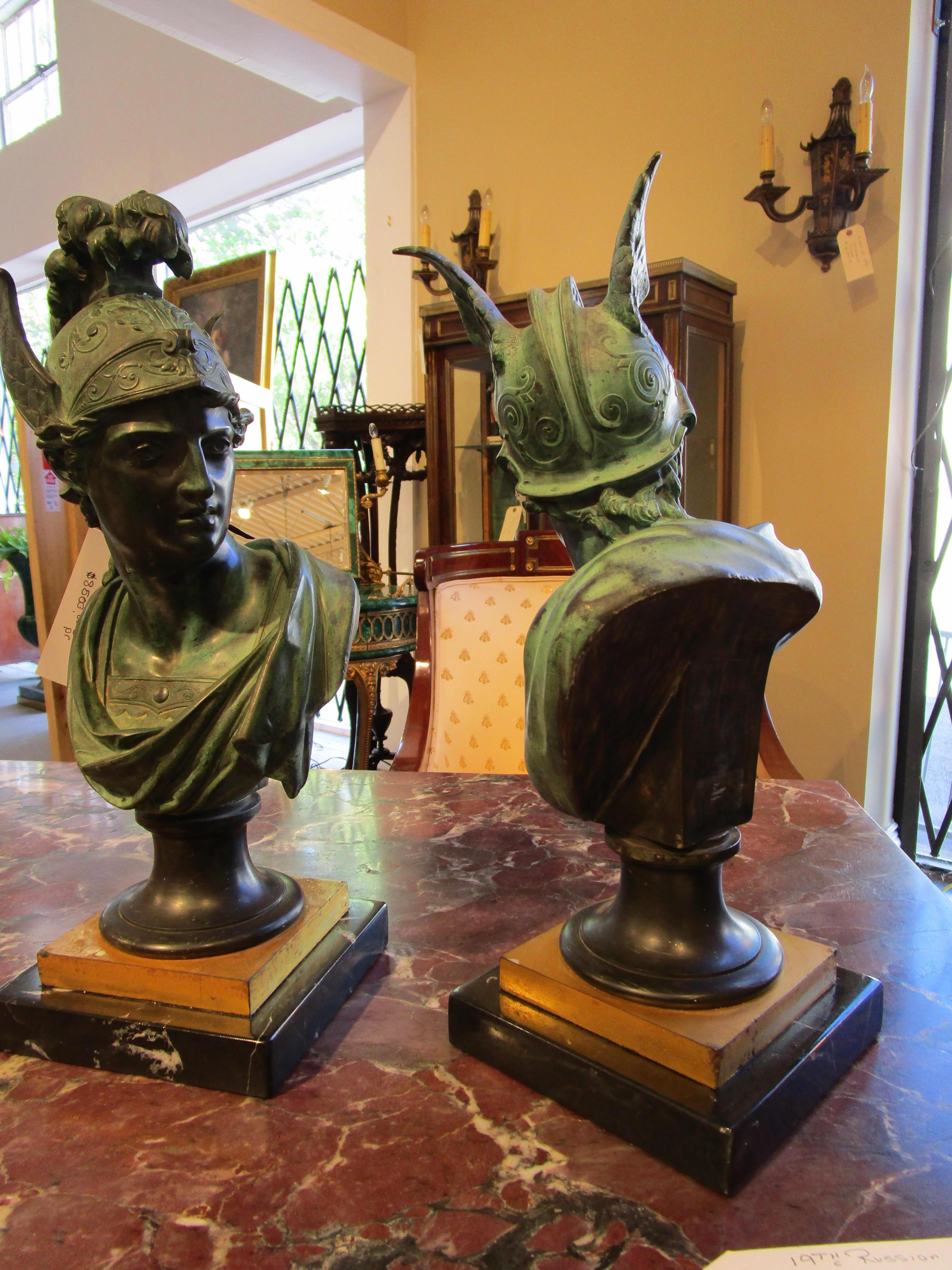 Italian Beautiful Pair of 19th Century Bronze Busts of Apollo and Mercury on Bases