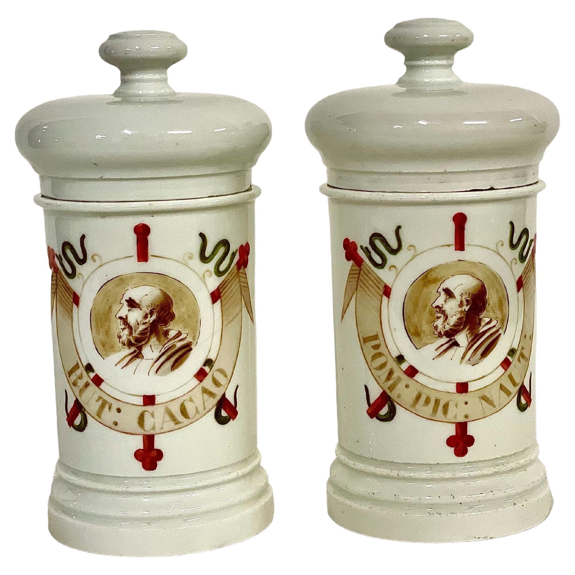 19th C. Pair of French Porcelain Lidded Apothecary Jars