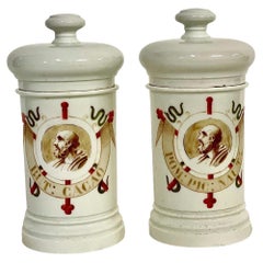 Vintage 19th C. Pair of French Porcelain Lidded Apothecary Jars