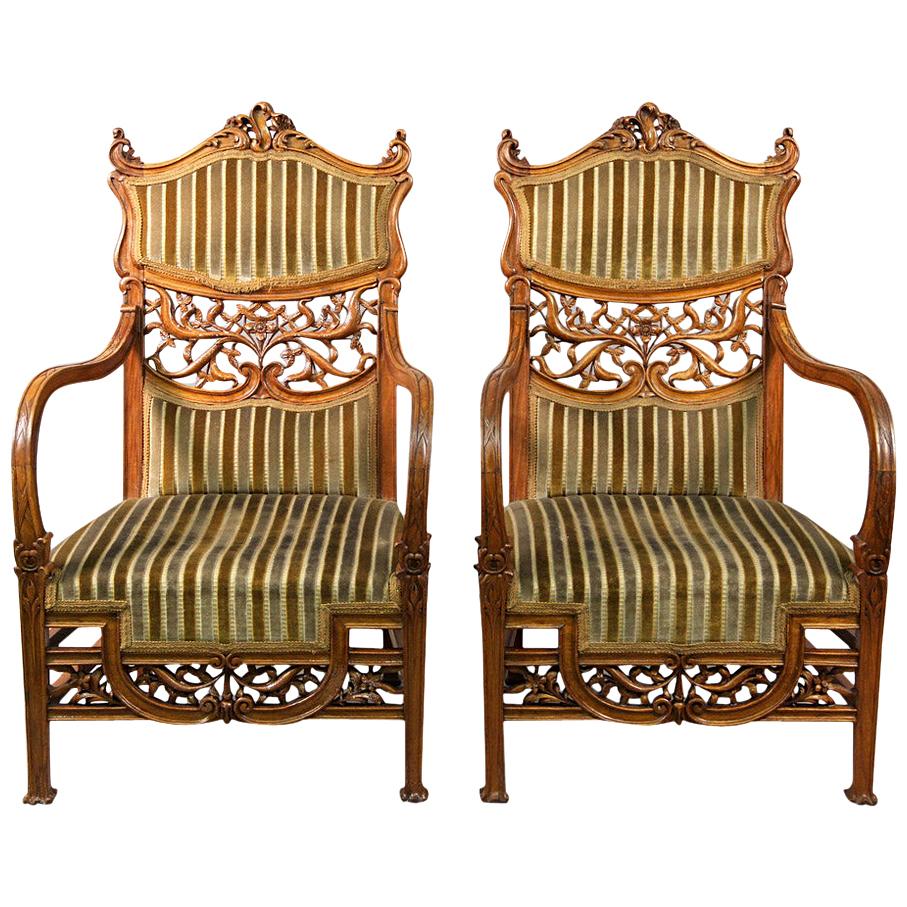 Beautiful Pair of Early 20th Century Art Nouveau Carved Wood Armchairs