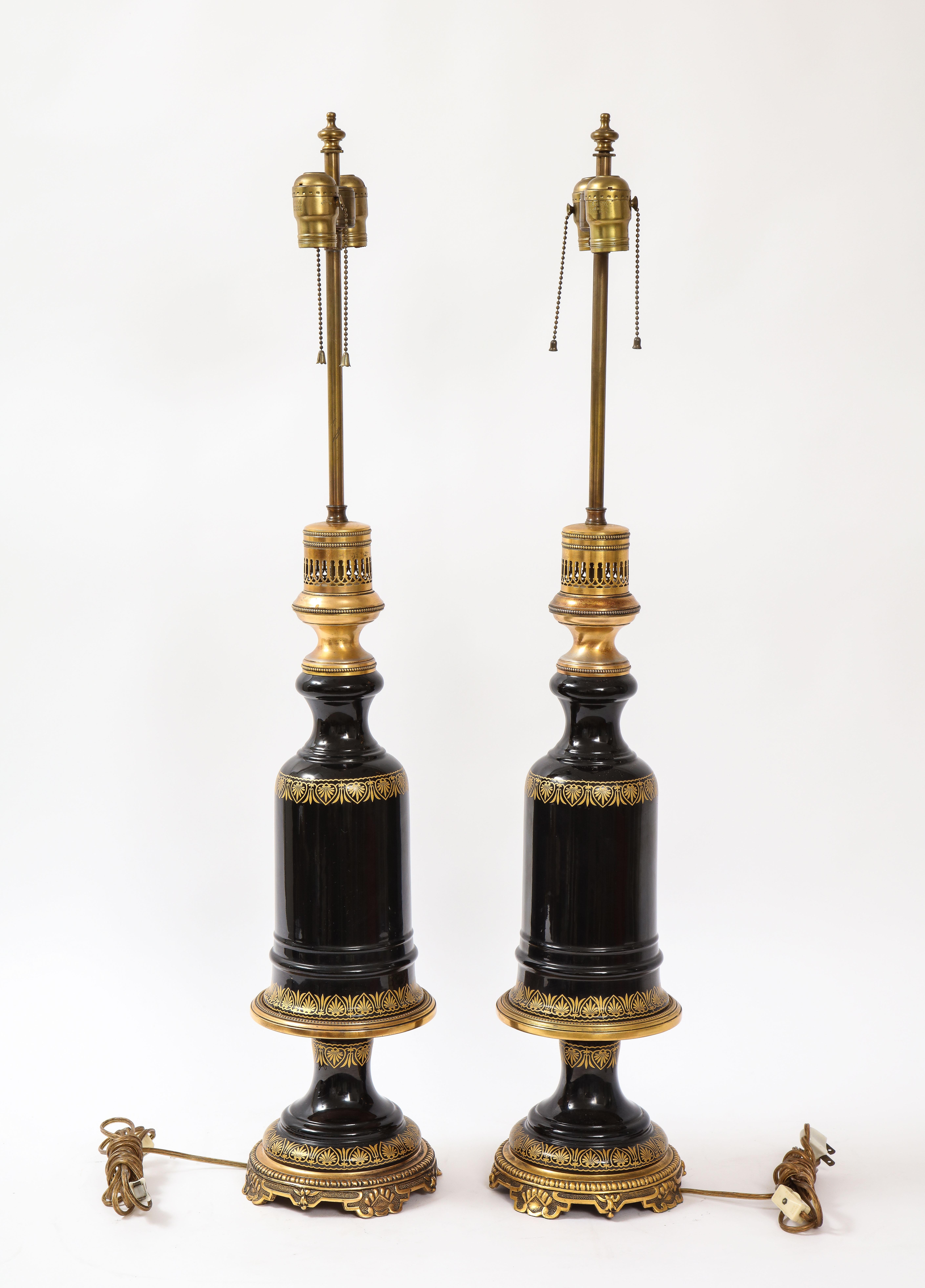 Islamic Beautiful Pair of French Gilt Bronze Mounted Black Amethyst Crystal Lamps For Sale