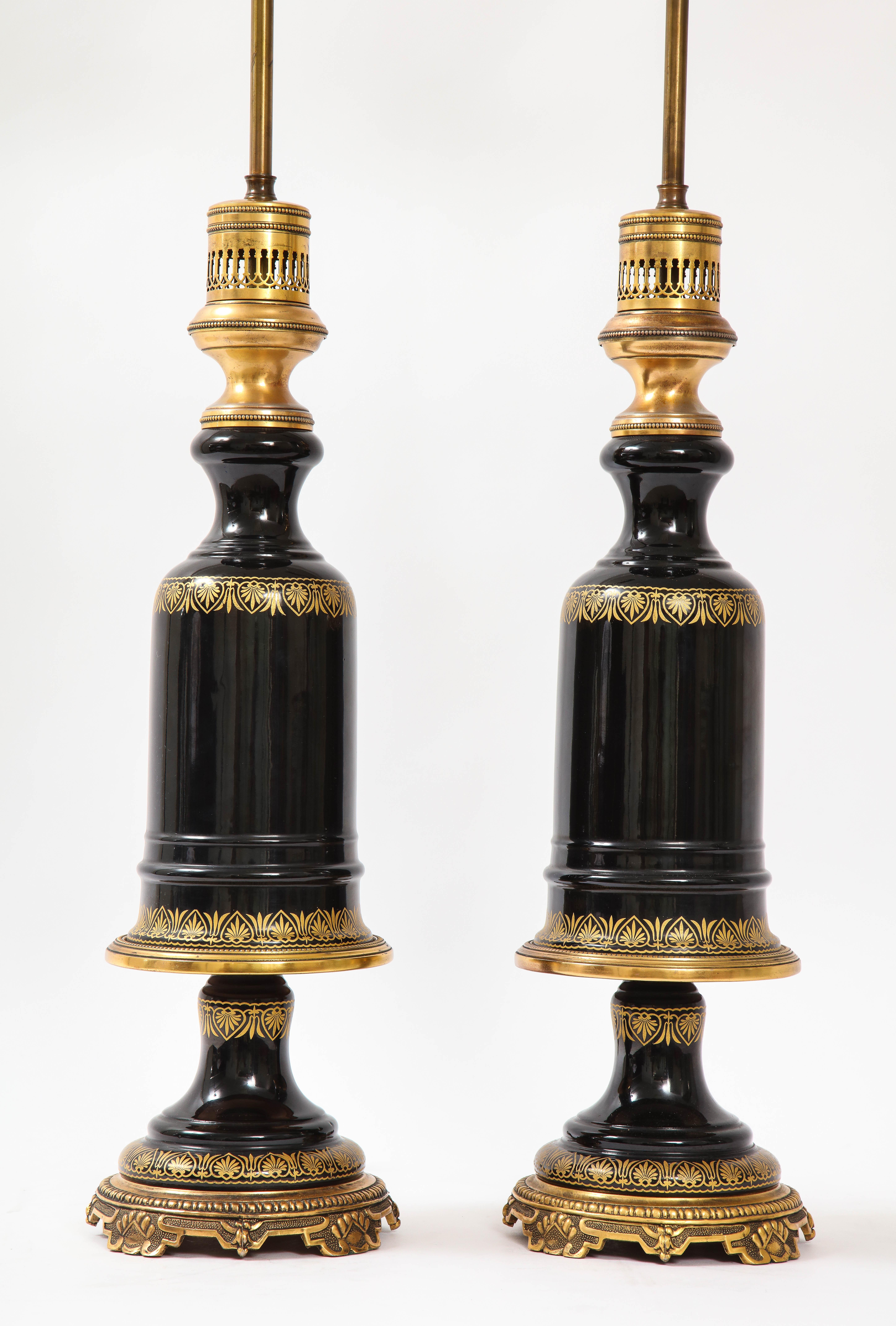 Hand-Crafted Beautiful Pair of French Gilt Bronze Mounted Black Amethyst Crystal Lamps For Sale