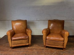 A Beautiful Pair of French Leather Club Chairs, Caramel Moustache Models C1950's