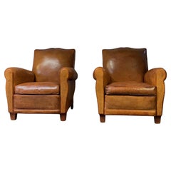 A Beautiful Pair of French Leather Club Chairs, Caramel Moustache Models C1950's