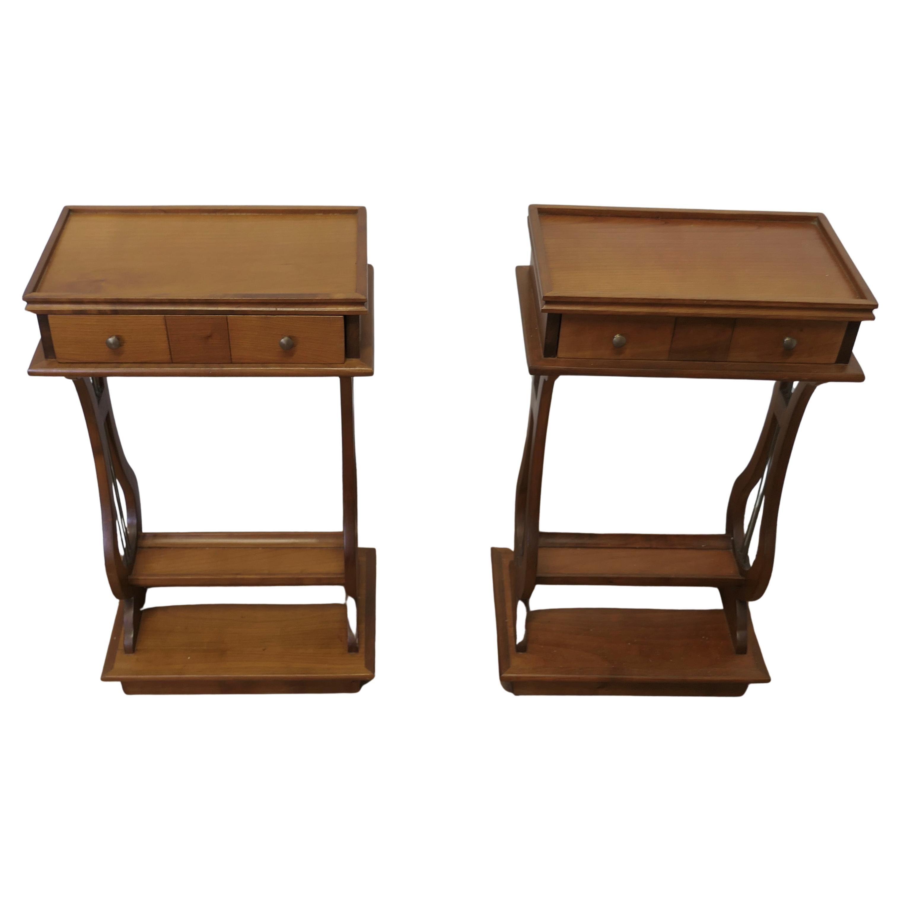 A Beautiful Pair of French Lyre Ended Cherrywood Lamp or Side Tables For Sale