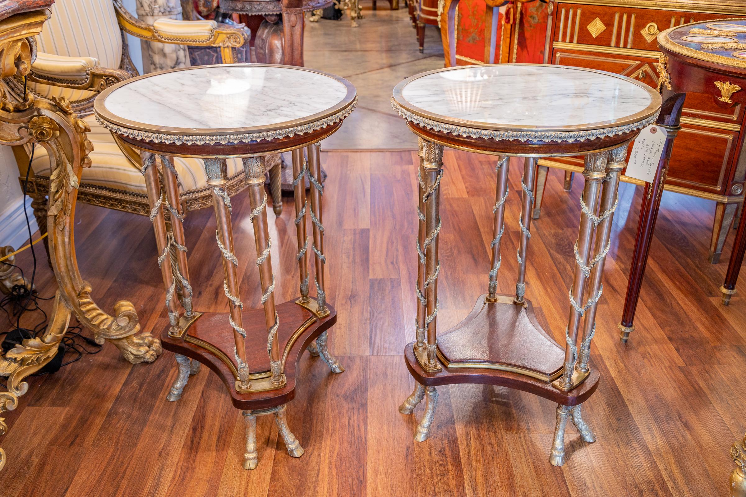 Louis XVI Beautiful Pair of French Mahogany and Gilt Bronze Gueridons After Weisweiler