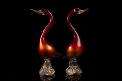 A Beautiful Pair of Italian Murano Ducks in Sunset Palette, Hollywood Regency