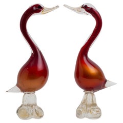 A Beautiful Pair of Italian Murano Ducks in Sunset Palette, Hollywood Regency
