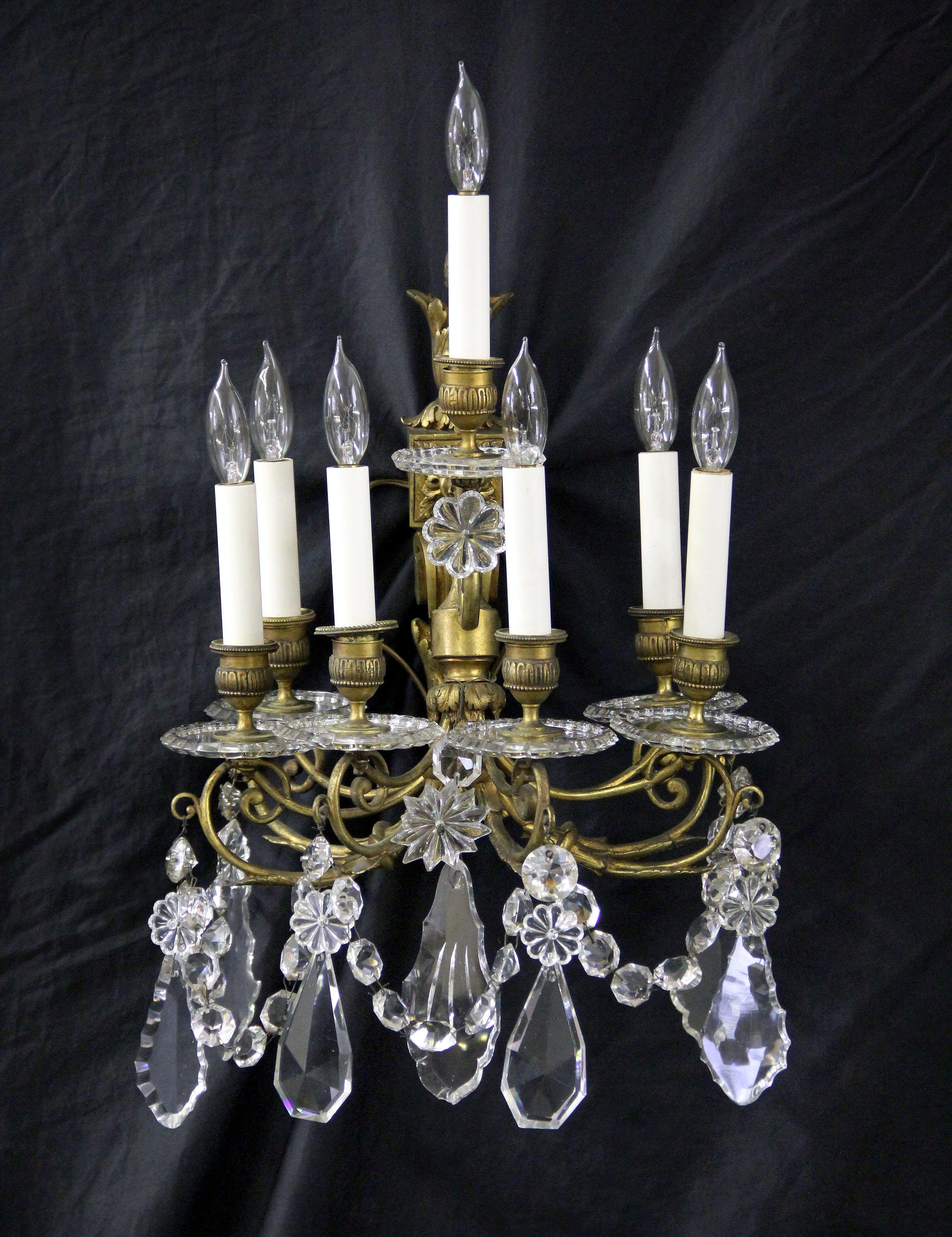 Belle Époque Beautiful Pair of Late 19th Century Gilt Bronze Crystal Seven Light Sconces For Sale