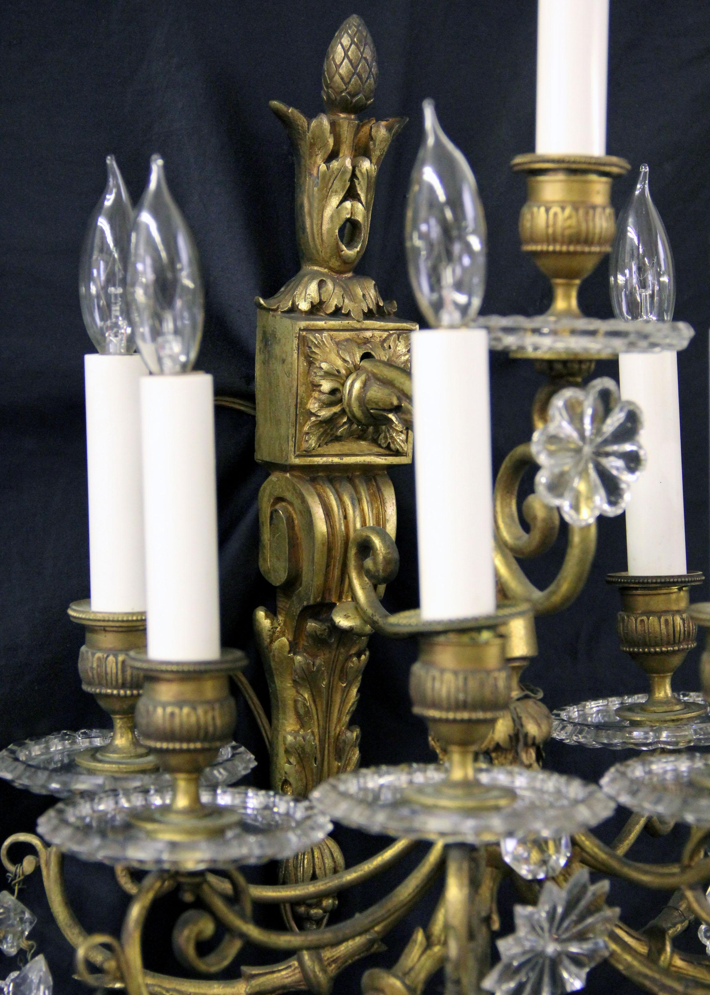 French Beautiful Pair of Late 19th Century Gilt Bronze Crystal Seven Light Sconces For Sale