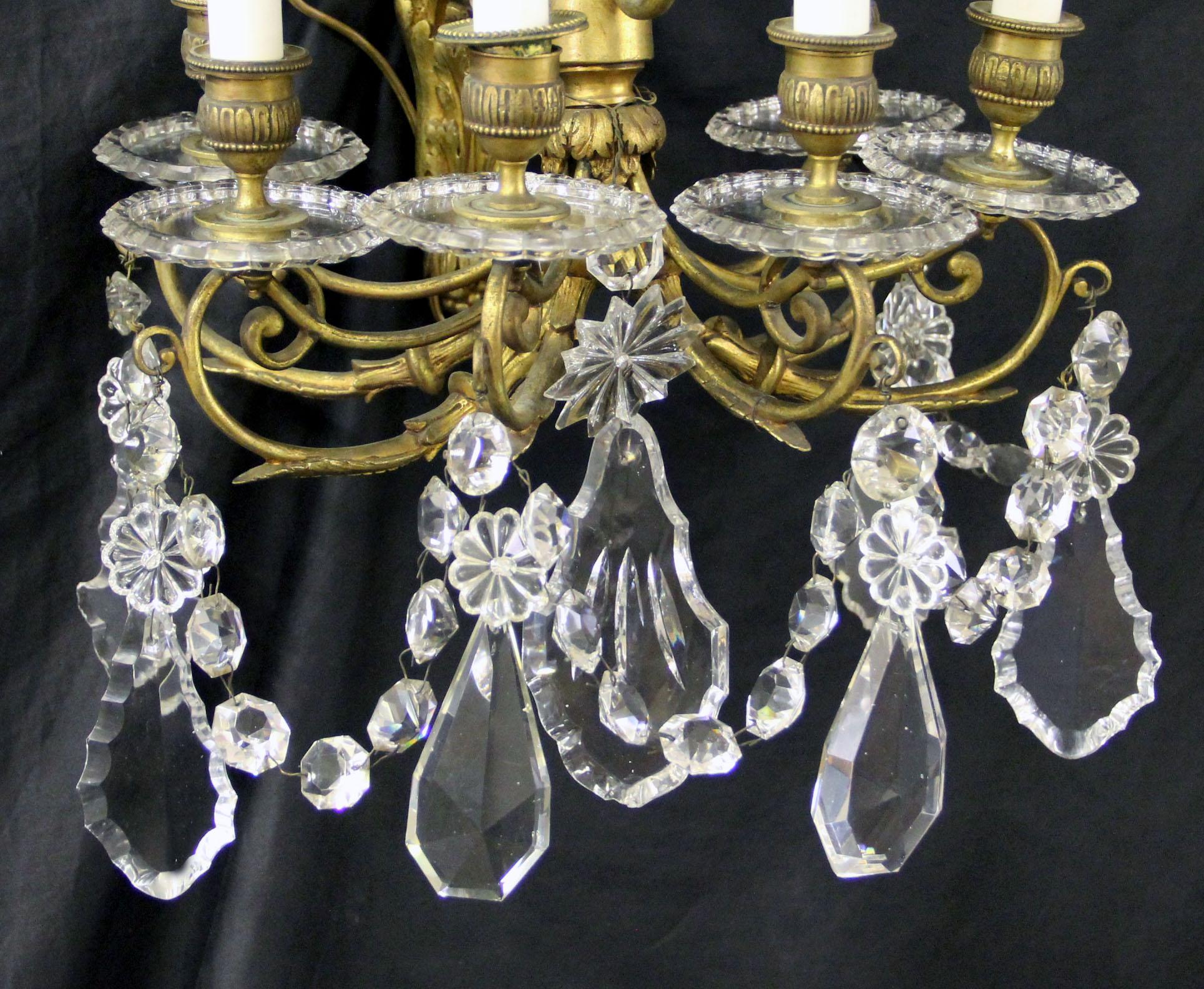 Beautiful Pair of Late 19th Century Gilt Bronze Crystal Seven Light Sconces In Good Condition For Sale In New York, NY
