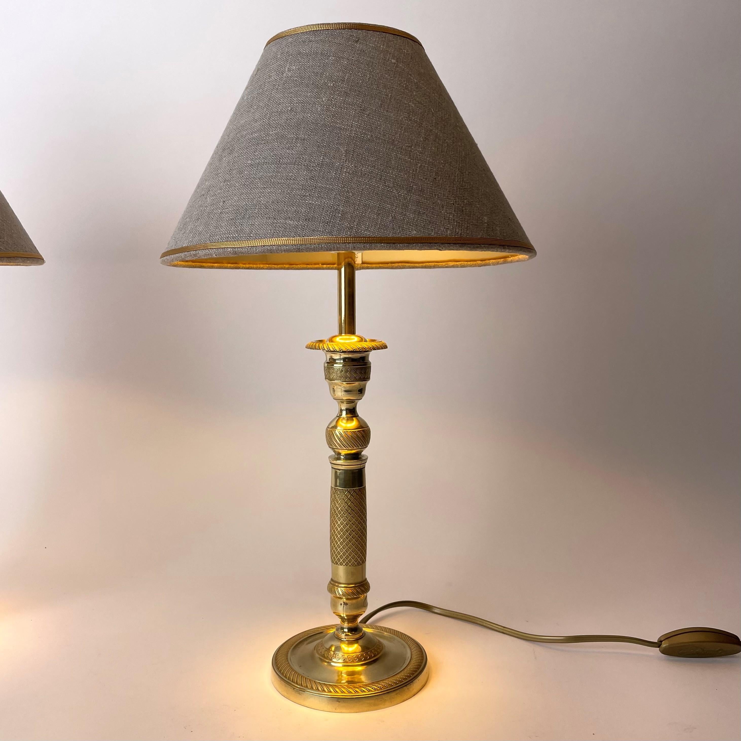 French Beautiful Pair of Table Lamps Originally Empire Candlesticks from the 1820s