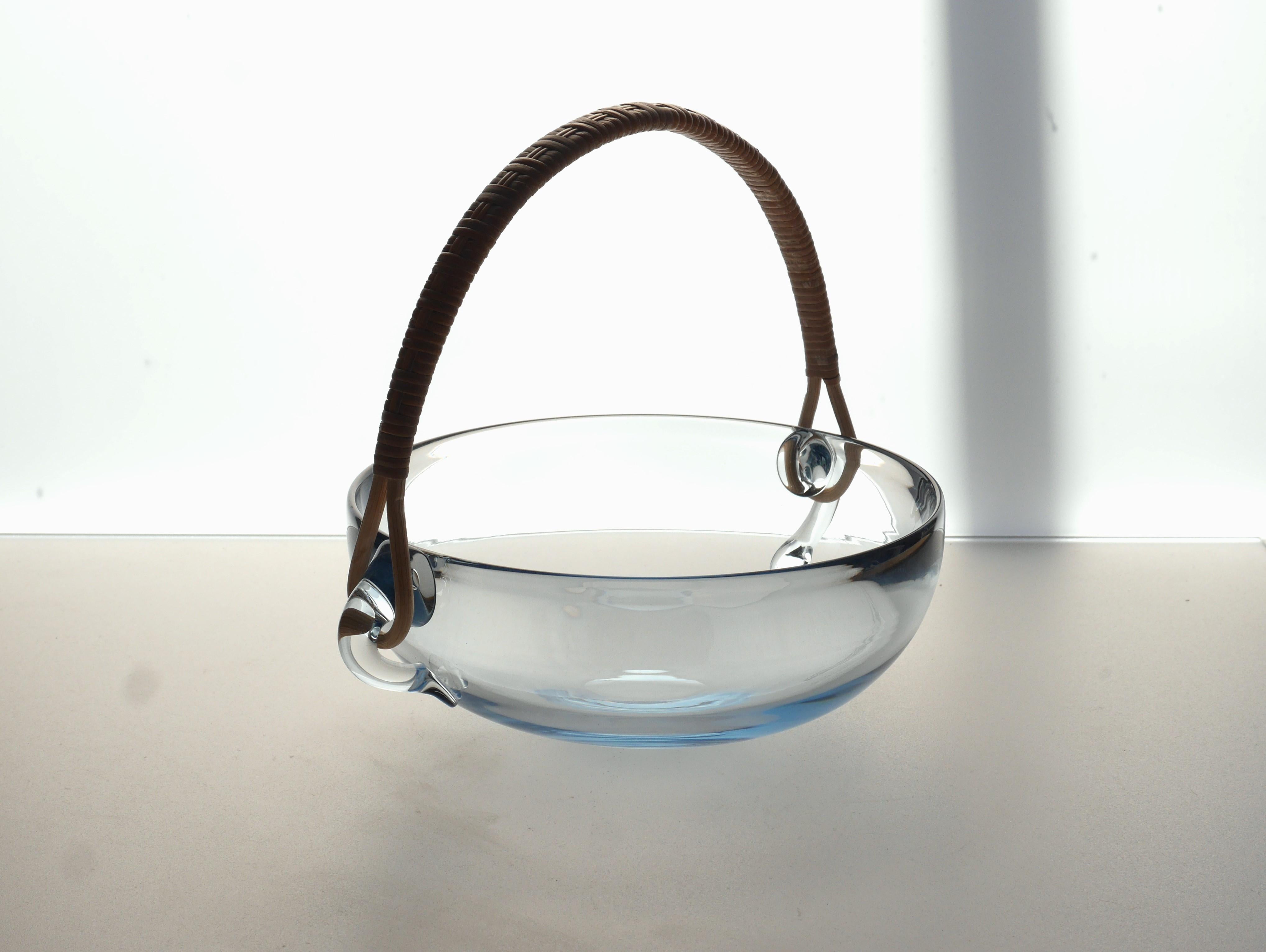 Hand-Crafted Beautiful Pale Blue Glass Bowl with a Wicker Handle from Holmeegard, Denmark