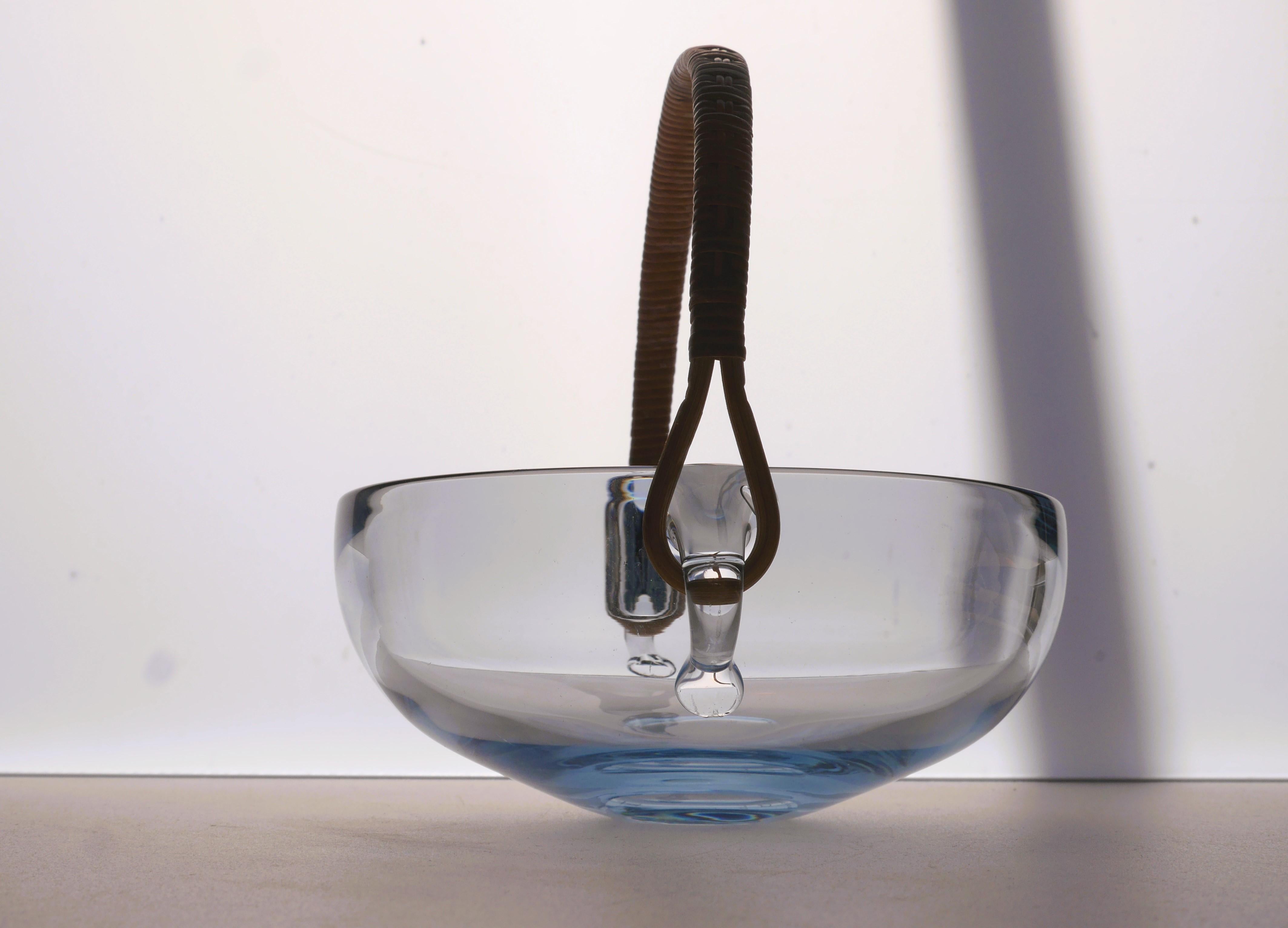 Beautiful Pale Blue Glass Bowl with a Wicker Handle from Holmeegard, Denmark 1