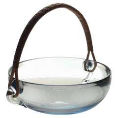 Beautiful Pale Blue Glass Bowl with a Wicker Handle from Holmeegard, Denmark