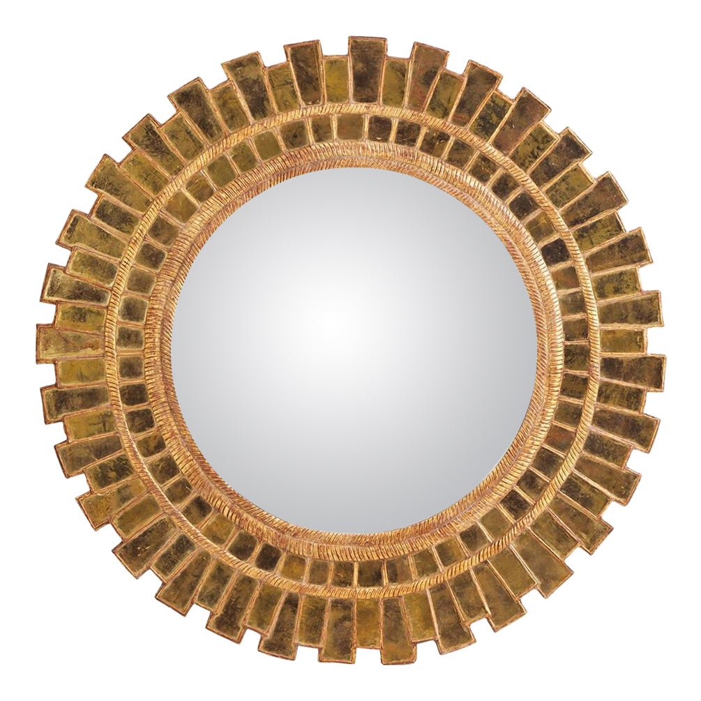 A Beautiful Rare 59+" Gold Gilt Glass Sunburst Geometric Convex Mirror. For Sale