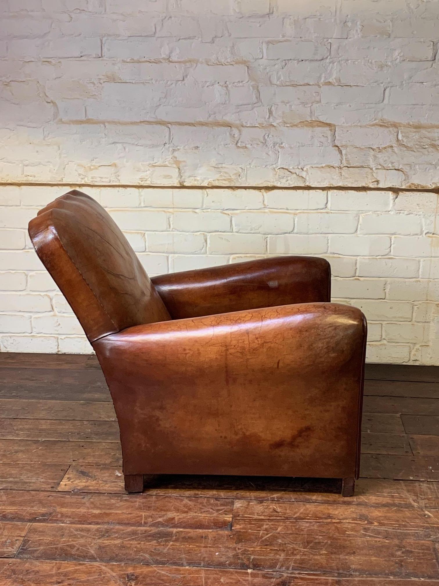 A Beautiful & Rare French Leather Club Chair, Circa 1950’s In Good Condition For Sale In Hastings, GB