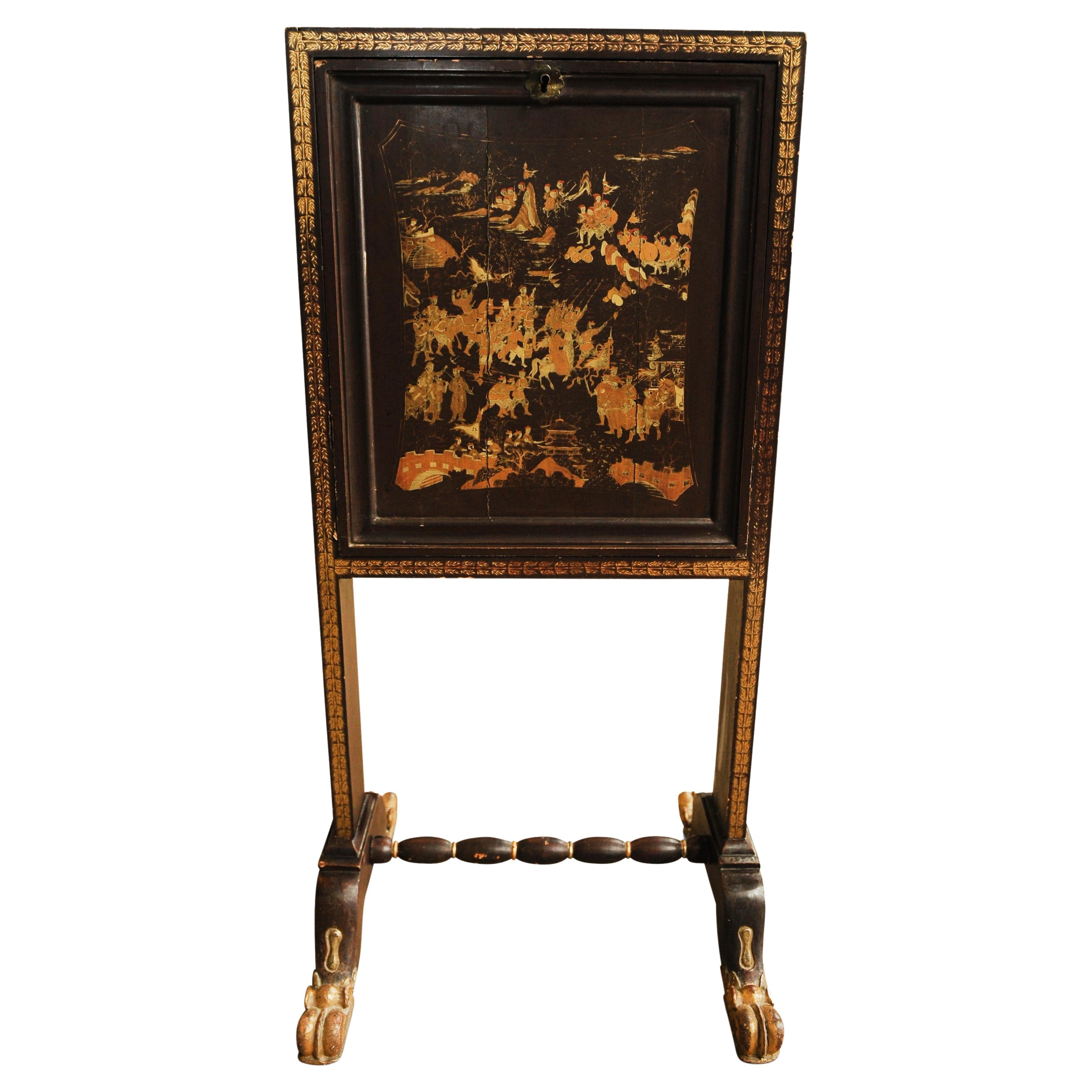 A Beautiful & Rare Napoleon III 19th Century, Chinese Lacquer & Gilt Secretaire On Lion Paw Feet

A fall front reveals a letter rack and inkwells and pen holder, with an easel type frame.

Supplied with a working key which opens and locks bureau.
