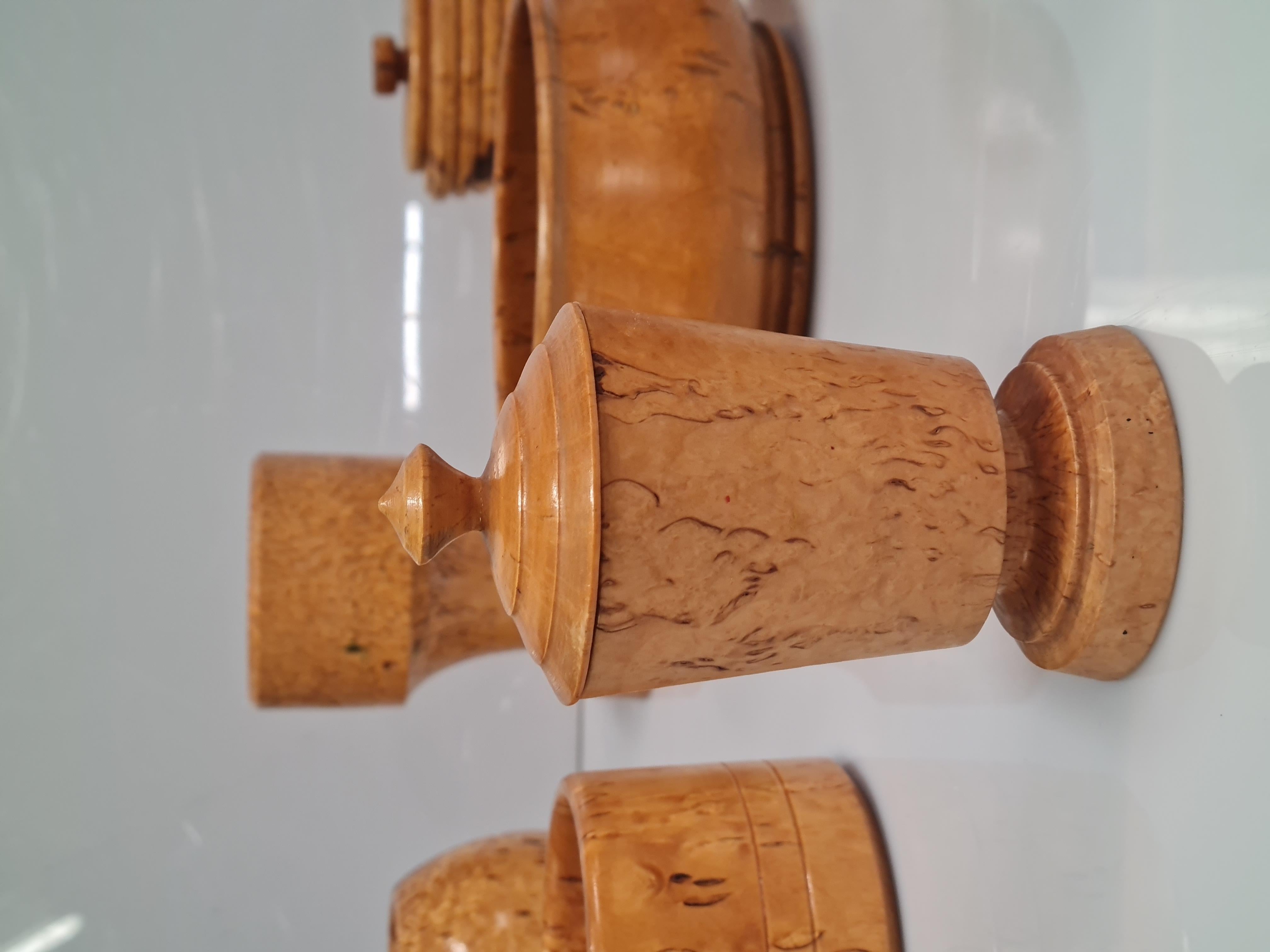 A Beautiful Set of 9 Unique Curly Birch Cases and Bowls  For Sale 6
