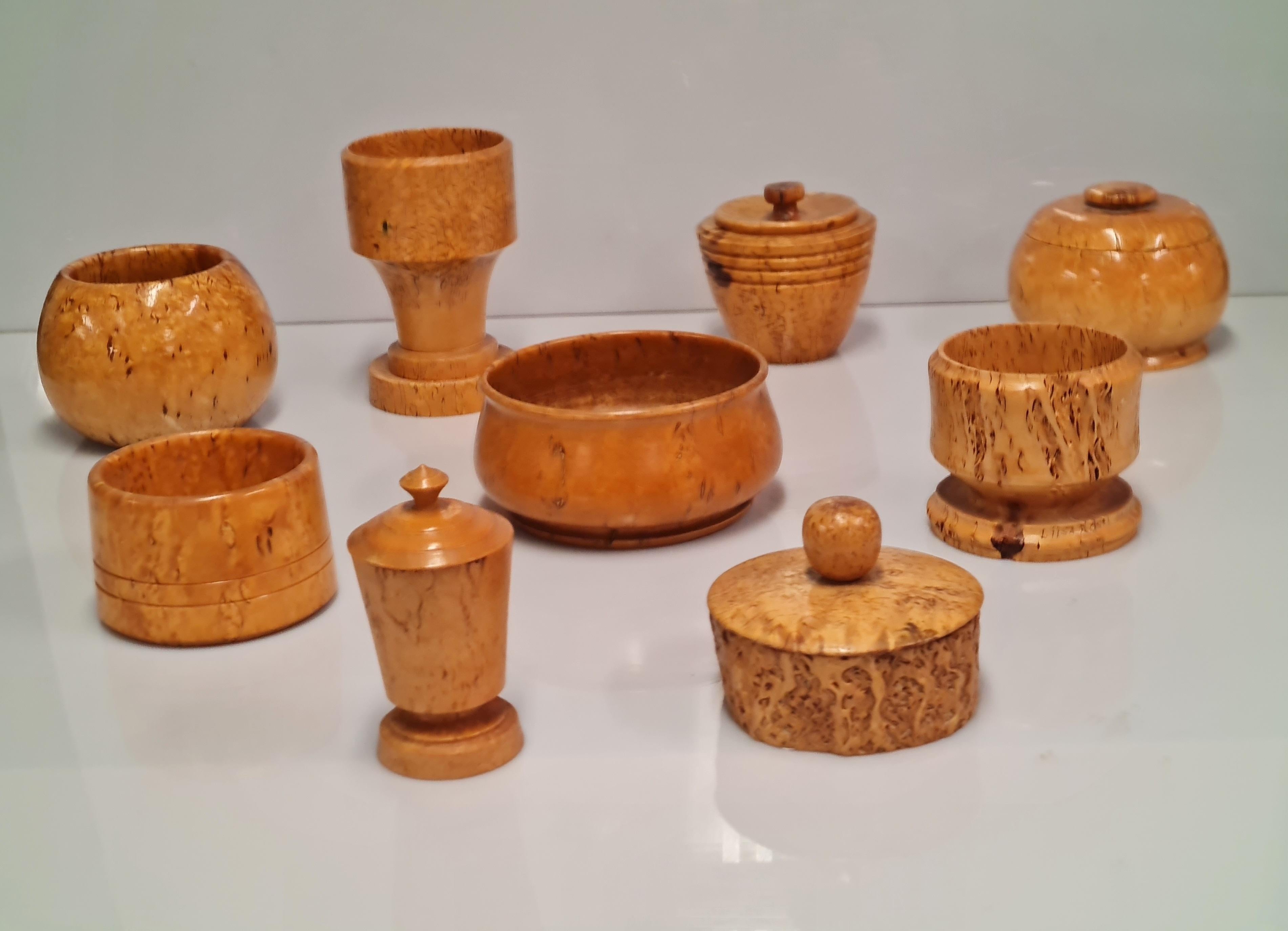 A Beautiful Set of 9 Unique Curly Birch Cases and Bowls  For Sale 7