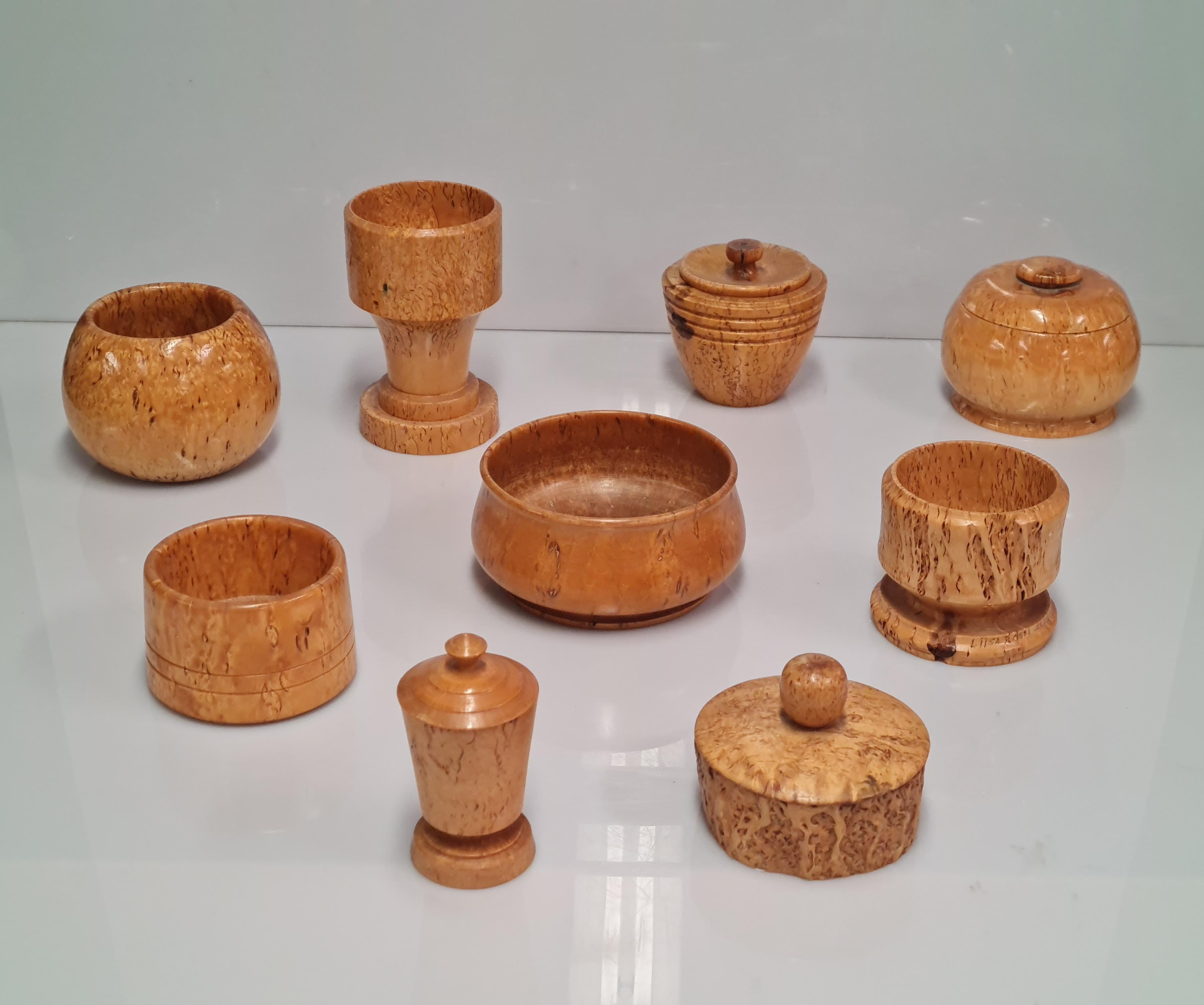Scandinavian Modern A Beautiful Set of 9 Unique Curly Birch Cases and Bowls  For Sale