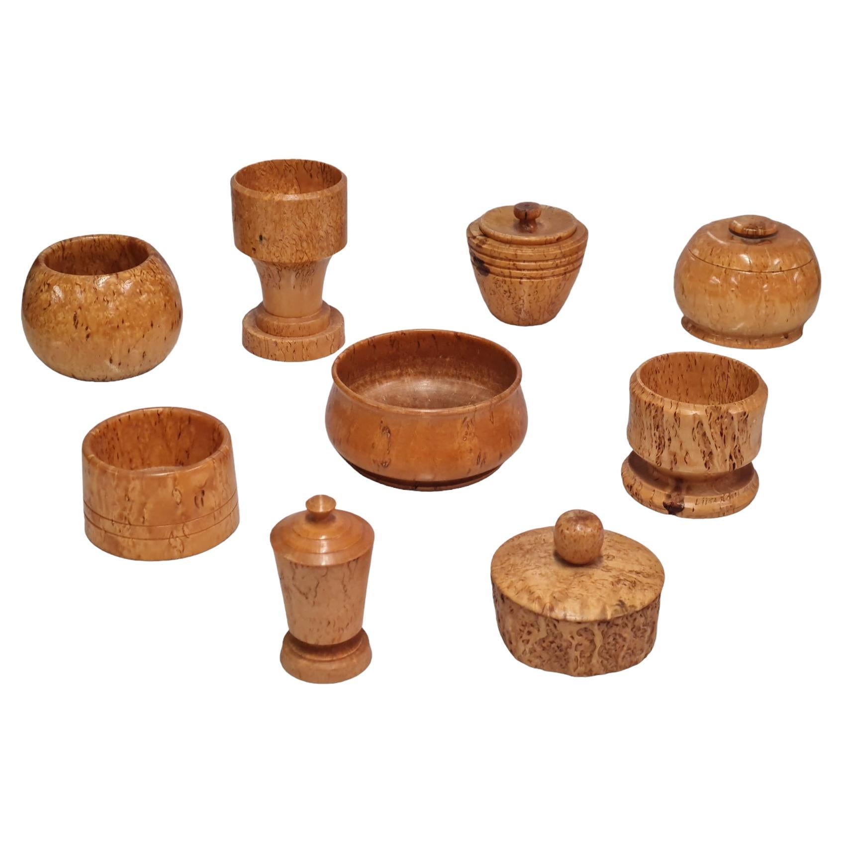 A Beautiful Set of 9 Unique Curly Birch Cases and Bowls  For Sale