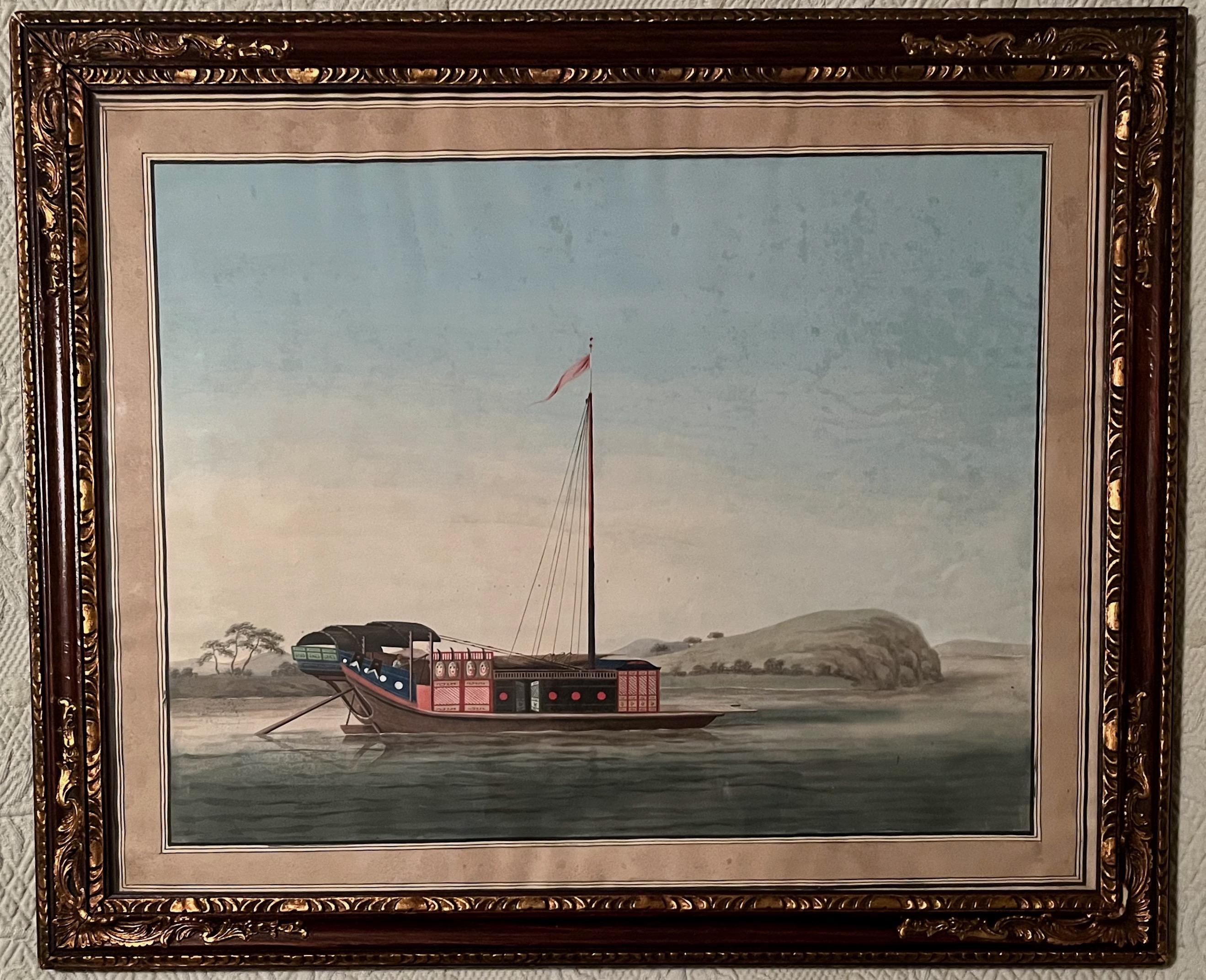 A beautiful set of four Chinese watercolor / gouaches of Junks and Sampans done by Chinese artists for the increasing western trade who were traveling during the late 18th C. to mid 19th C.  Beginning in the 1780s these artists started using western