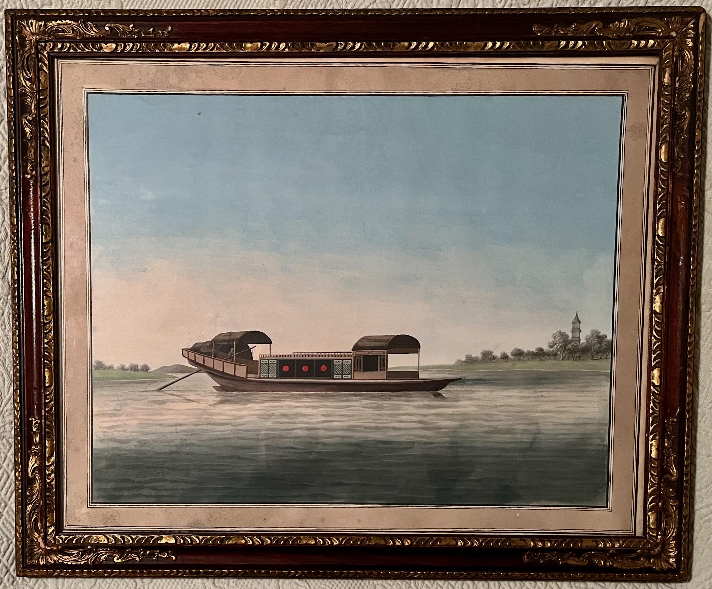 Chinese Export A Beautiful Set of Four China Trade Watercolors of Chinese Junks For Sale
