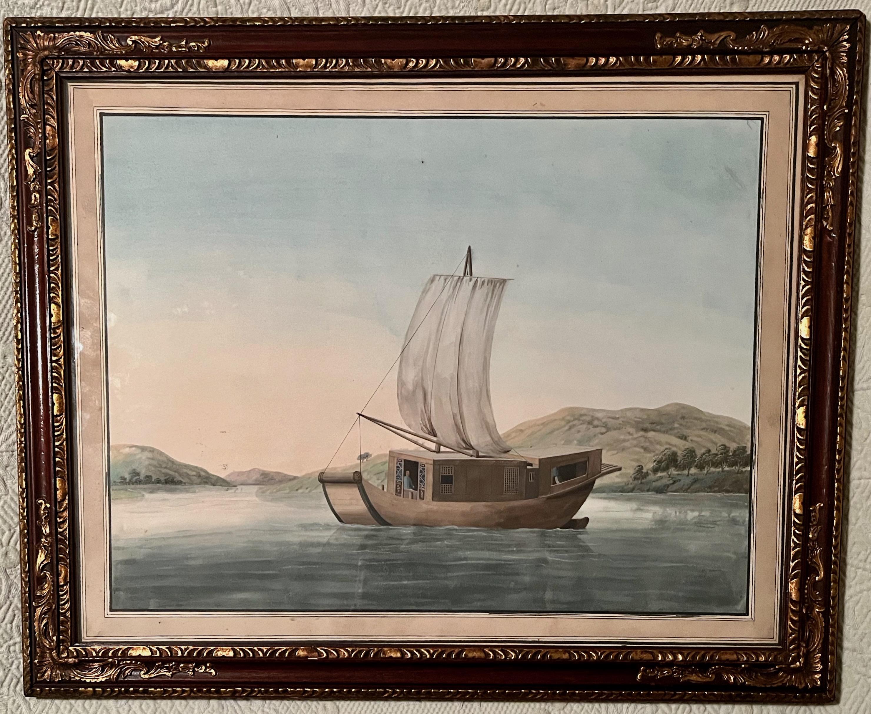 Hand-Painted A Beautiful Set of Four China Trade Watercolors of Chinese Junks For Sale