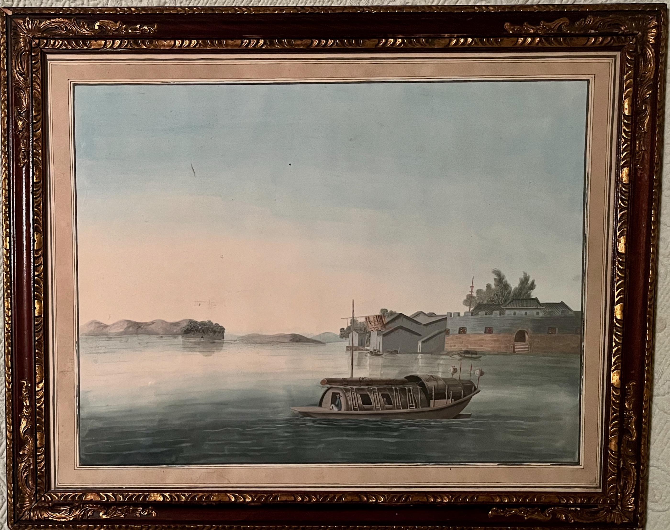 A Beautiful Set of Four China Trade Watercolors of Chinese Junks In Good Condition For Sale In Nashua, NH