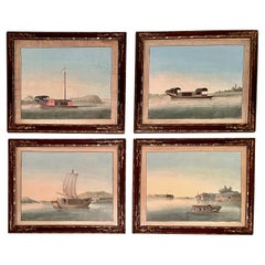 A Beautiful Set of Four China Trade Watercolors of Chinese Junks
